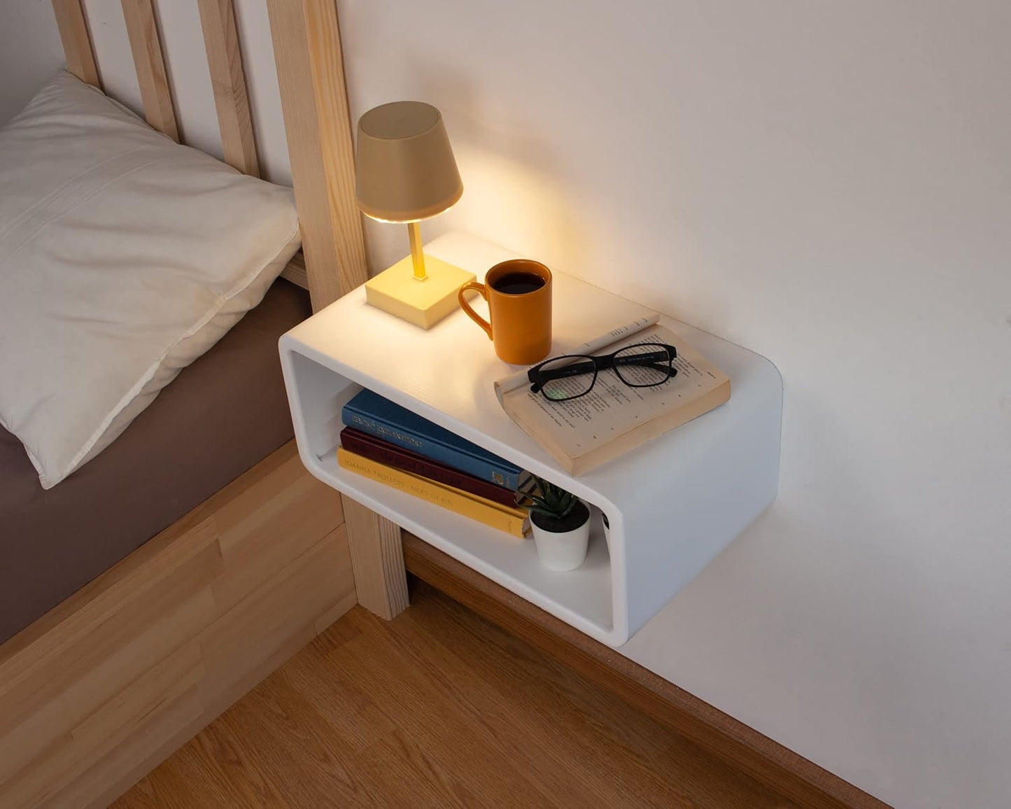 Floating Nightstand Wooden, Bedside Table, Nightstand Shelf, Handmade, Wall Mounted Bedside Shelf, Minimalist and Unique Style (White)