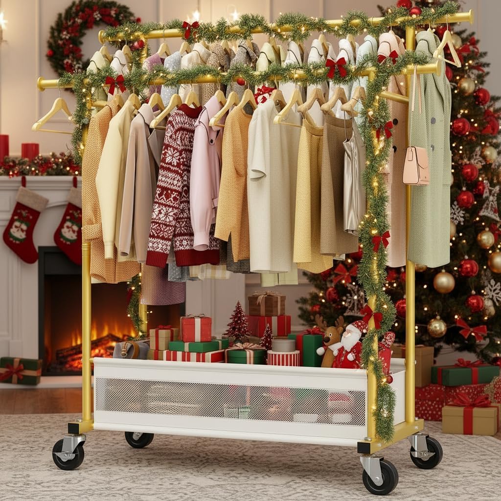 Clothes Rack, Double Rod Clothing Rack with Storage Bag & Sturdy Wheels, Metal Garment Rack for Closet Organizers and Storage, 43.3" W×17.7" D×63" H