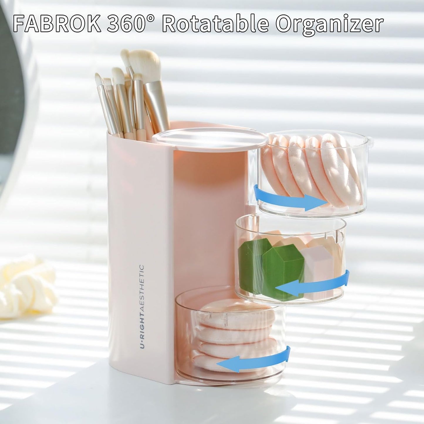 FABROK 3-Layer Clear Hair Accessories Organizer with Hair Brushes Holder, Rotatable Small Jewelry Box for Hair Clip Earring Necklaces, Desktop Organizer Case for Cotton Swab, Hair Accessories(Pink)