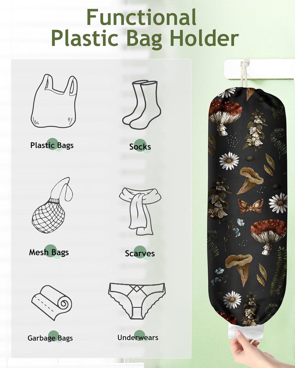 Plastic Bag Holder, Grocery Bag Organizer - 1 Pack Cute Kitchen Dispenser Holders Reusable Shopping Western Hanging Wall with Adjustment Drawstring Closure for Women Home, Plants