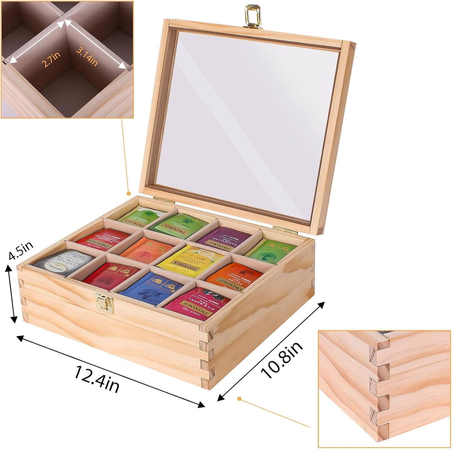 LI.TOPWP Pine Wood Tea Bags Organizer, 12 Compartments Storage Box with Clear Acrylic Window, Multi-Functional Tea Bags Holder for Countertop, Kitchen Cabinet.