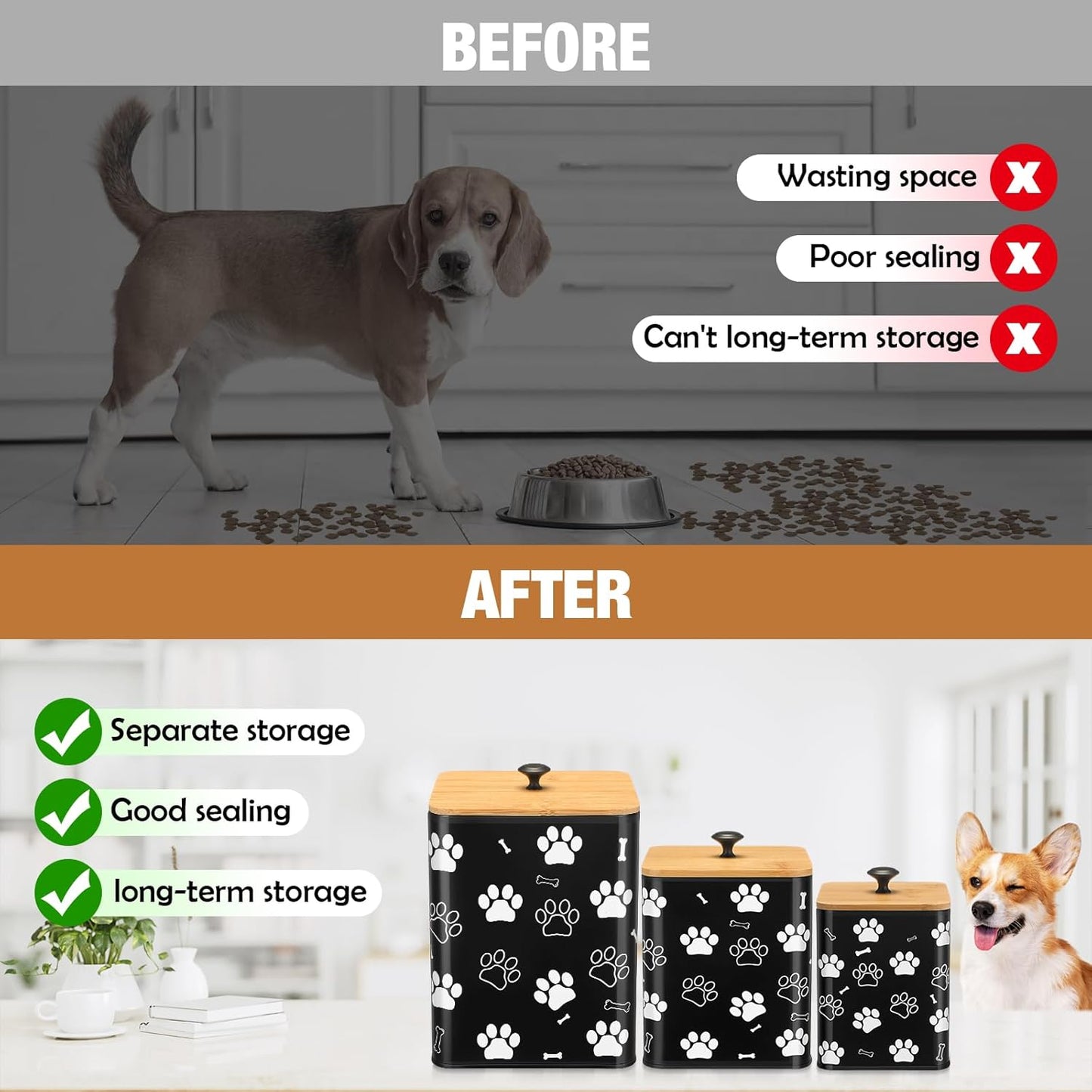 Airtight Dog Food Containers with Bamboo Lids, Metal Dog Treat Jars Canisters for Kibble, Biscuits, Snacks, Cookies, Pet Food Storage Set for Kitchen Counter Christmas Gift(Black)