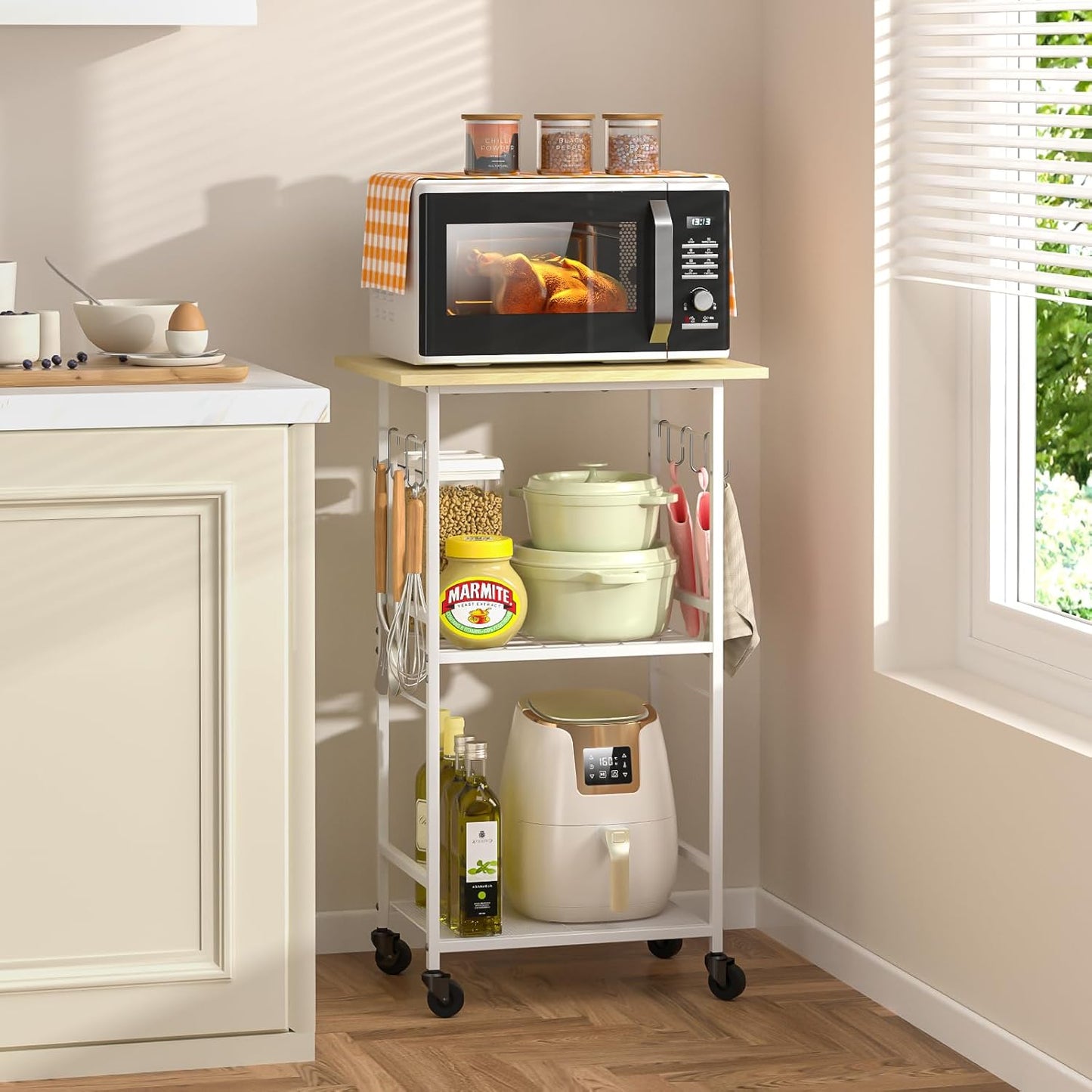 Rolling Kitchen Microwave Cart, 3 Tier Microwave Table Stand with Adjustable Shelf, Kitchen Storage Rack on Wheels, Coffee Station Cart Rack Shelf Organizer for Living Room Office, Balcony