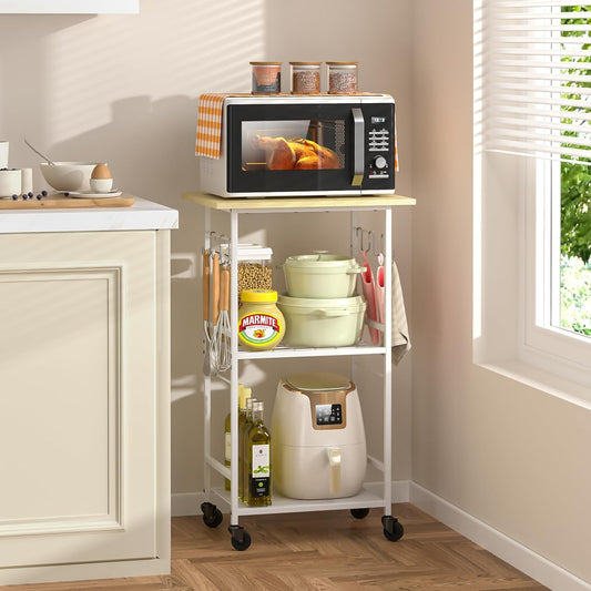 Rolling Kitchen Microwave Cart, 3 Tier Microwave Table Stand with Adjustable Shelf, Kitchen Storage Rack on Wheels, Coffee Station Cart Rack Shelf Organizer for Living Room Office, Balcony