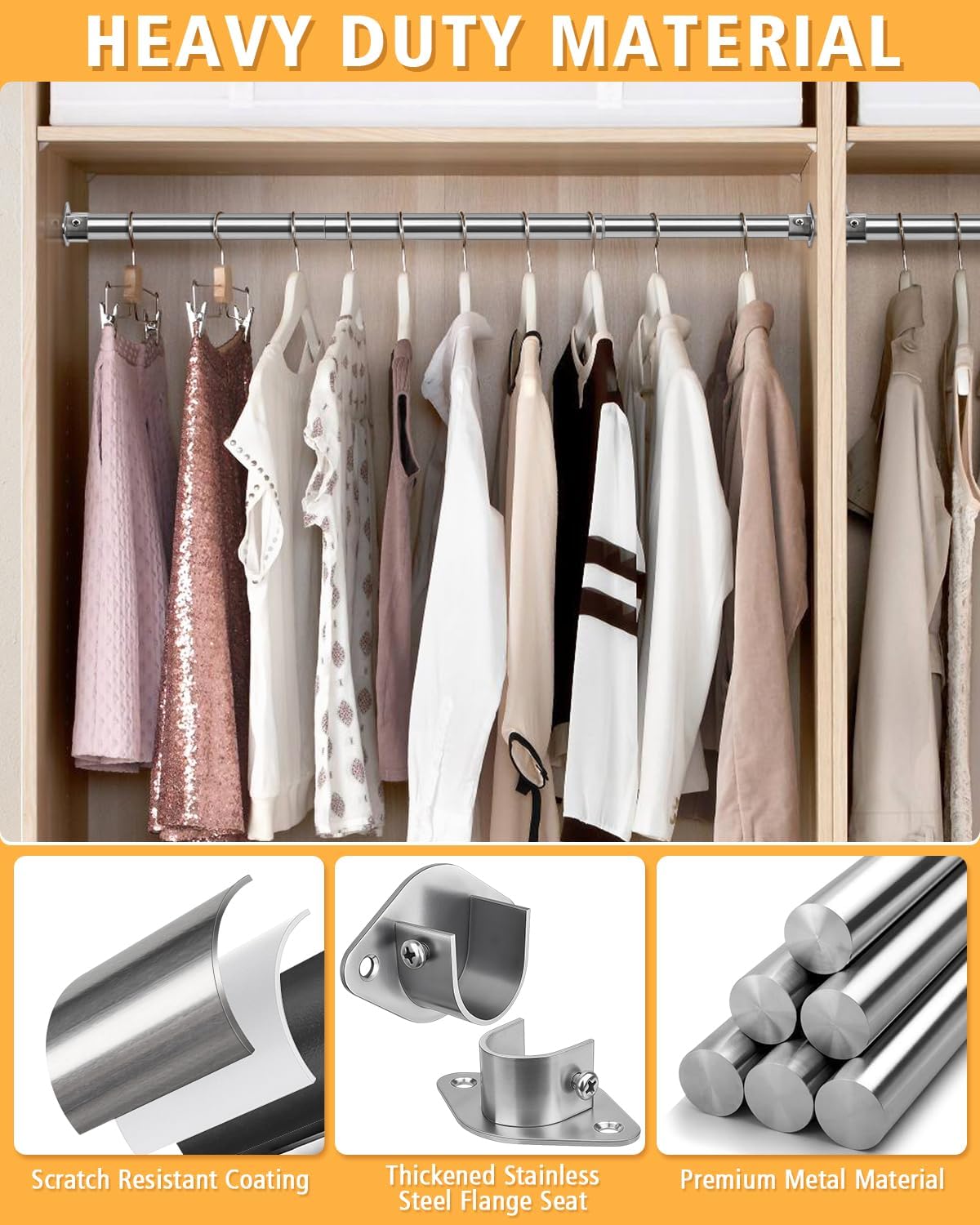 Closet Rod, 17 to 64 Inch Heavy Duty Adjustable Metal Clothing Rack for Hanging Clothes, Closet Poles for Wardrobes, Laundry, Durable Steel, Silver
