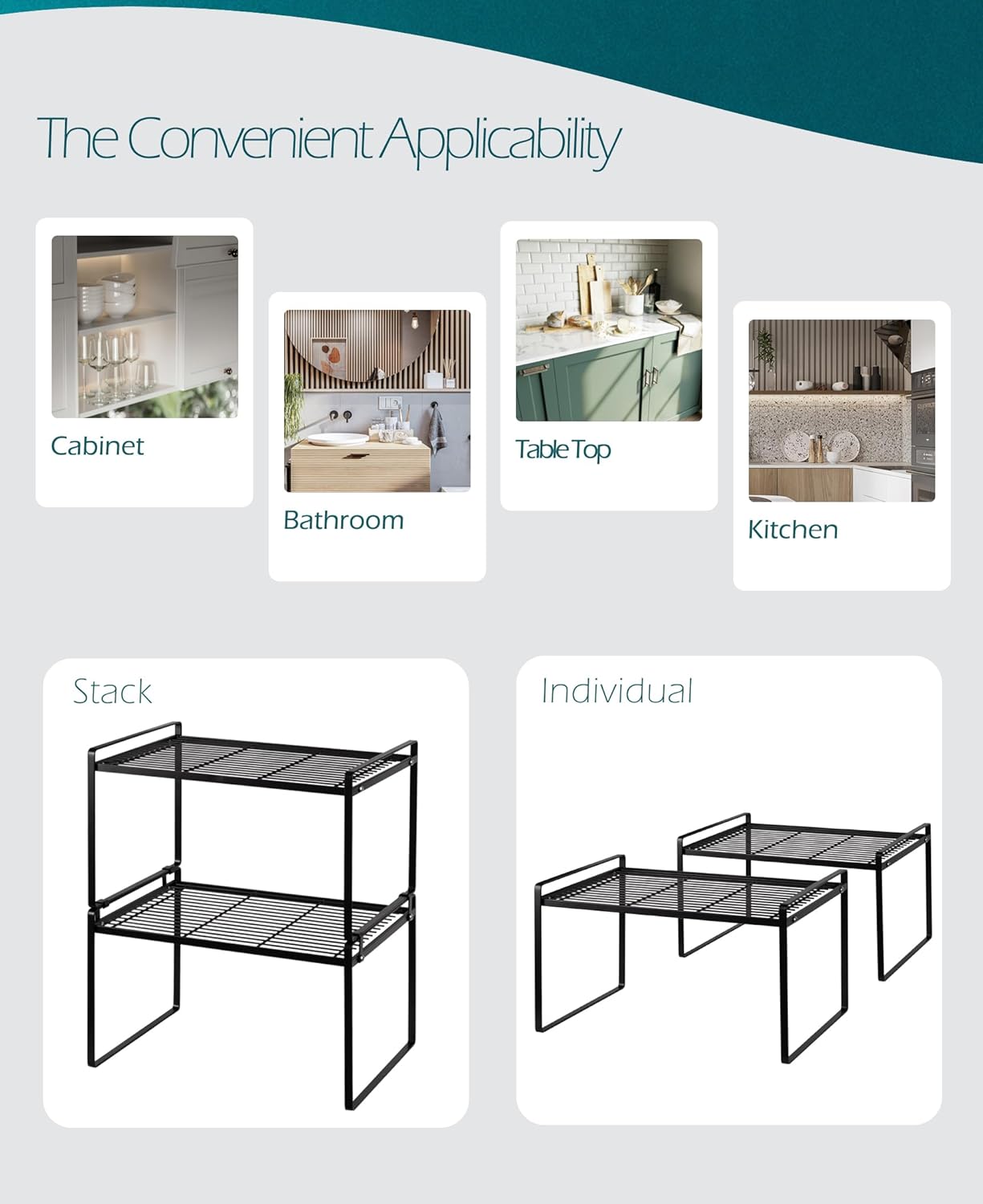 2Pack Kitchen Cabinet Shelf Counter Organizer Rack Pantry Storage Bathroom Bedroom Office Table Desk Space Saving Stackable Rust Resistant Non Slip Black Tall Wide L16.1in W10.6in H9.5in