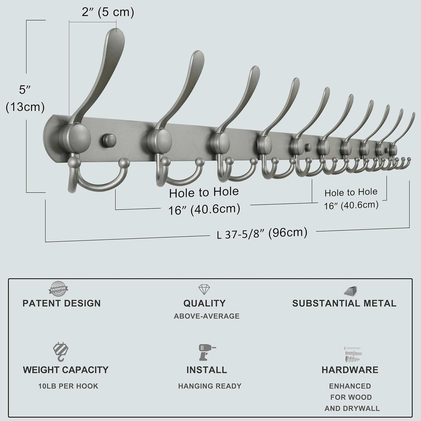 Dseap Coat Rack Wall Mount - 38” Long 10-Tri-Hooks Heavy Duty Coat Hanger Rail Wall Hooks for Hanging Coats Hats Clothing Clothes Purse Mudroom Entryway, Gray
