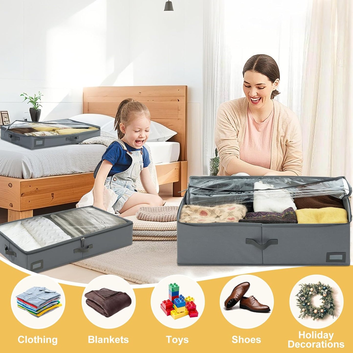4-Inch Under Bed Storage Containers (2-Pack) | Sturdy Sidewalls | Clear Cover & Label Holder | Foldable Fabric Closet Bin Organizer | Stores Clothing/Blankets/Sweaters/Sheets