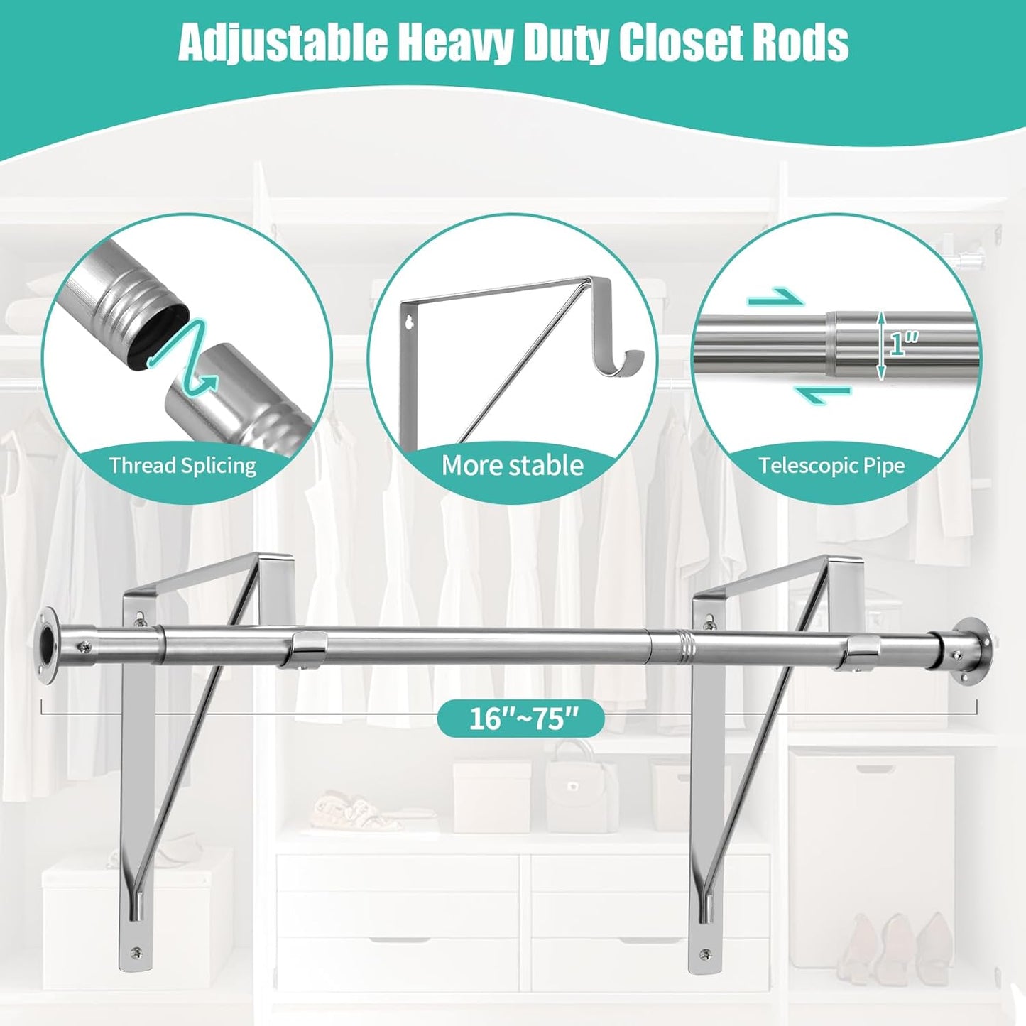 Closet Rod, 16 to 75 Inch Closet Rods Heavy Duty Adjustable Clothes Rods for Hanging Clothes and Heavy Duty Clothes Rod Bracket Closet Rod Support (The Shelf NOT Included) (Silver)