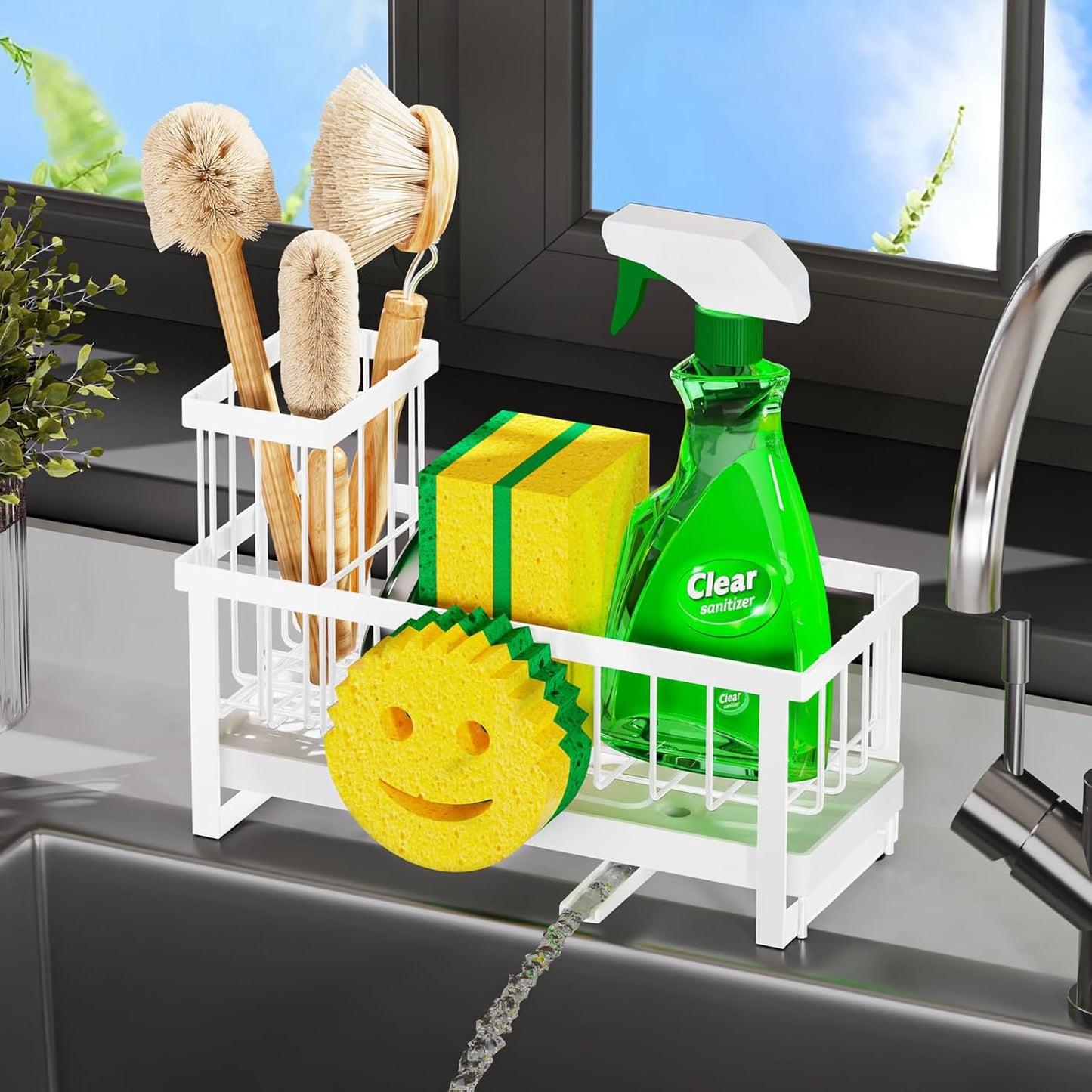 Sponge Holder for Kitchen Sink,Sink Caddy with Removable Dish Brush Holder,Self-Draining Kitchen Countertop Organizers and Storage Essentials,Soap Dispenser Organize and Home Decor-White