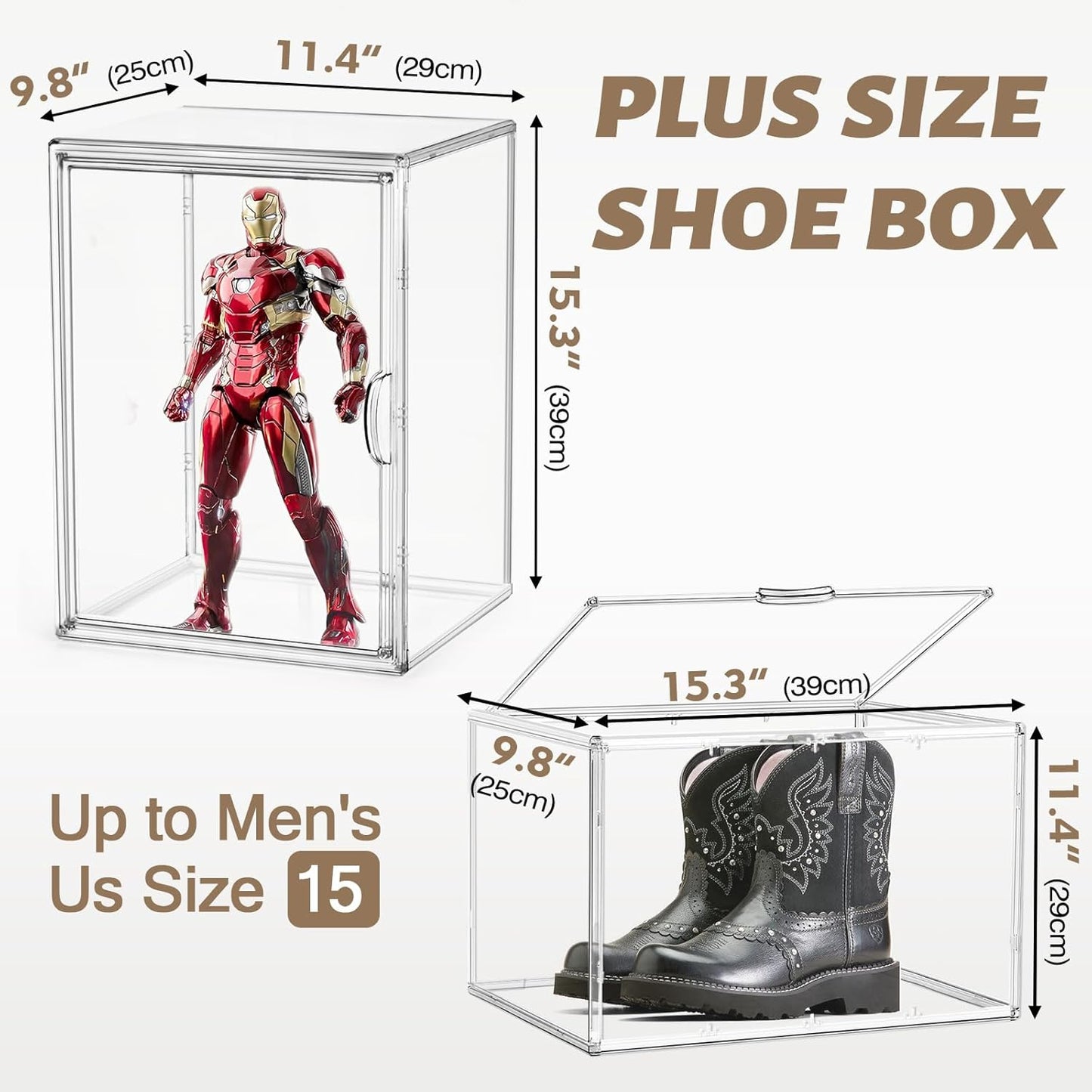 2 Pcs Shoe Display Case, XX-Large Tall Boot Storage Box Transparent Handbag Organizer for Closet Acrylic Shoe Box Clear Plastic Stackable Sneaker Collectibles Case with Detachable Divider