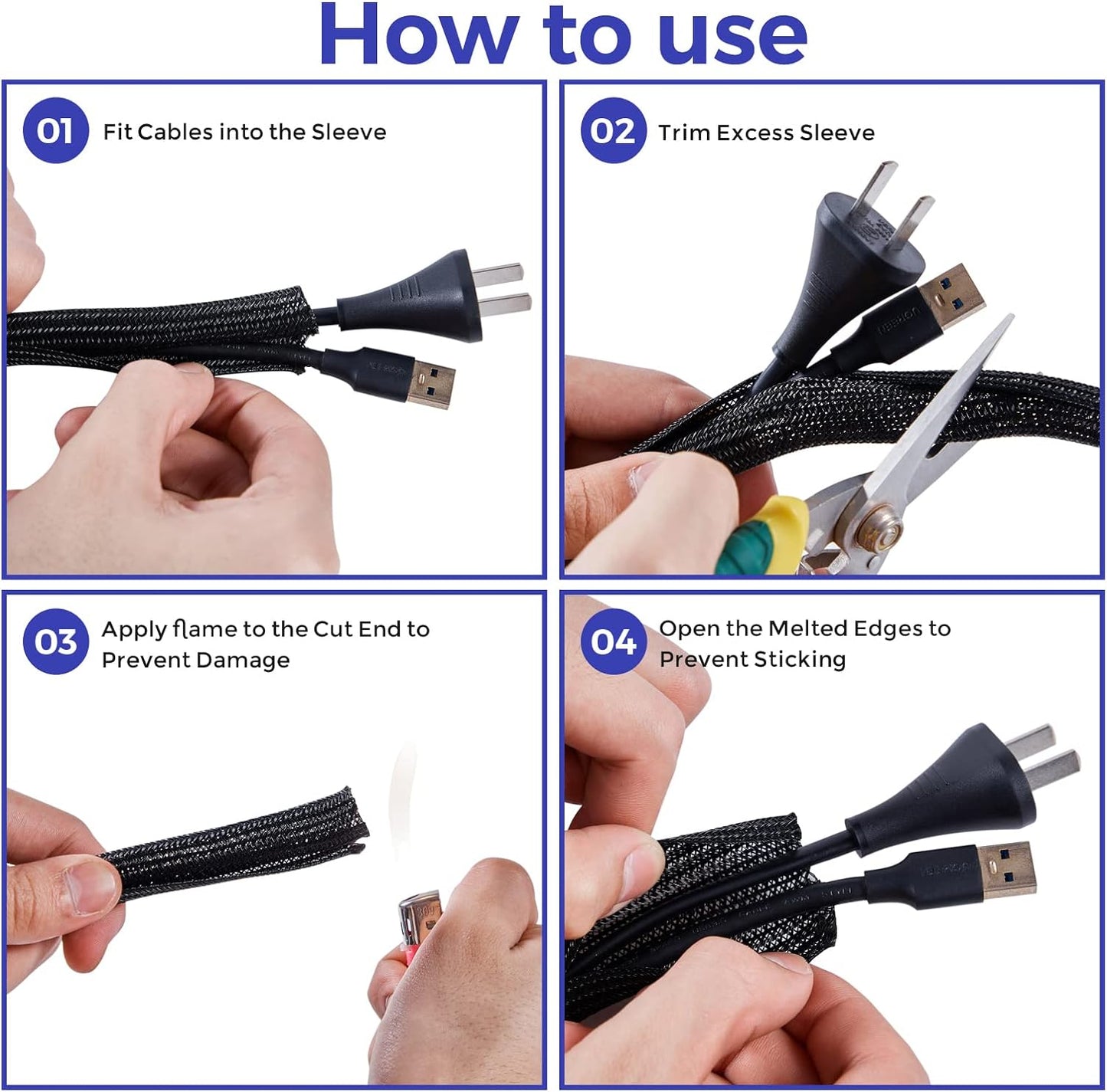 Cable Management Sleeves 1in - 2 Pack 4.1ft Split Braided Cable Sleeve Black, Hard PE Cord Protectors from Pets, Wire Organizers for Cords, Flexible Cord Wrap Wire Sleeve for Computer Cord Organizer