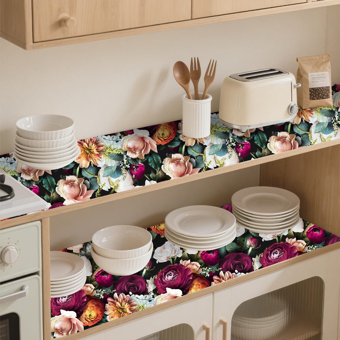 Floralplus Shelf and Cabinet Liner Self Adhesive Drawer Liner Waterproof Peel and Stick Contact Paper for Kitchen Vintage Floral Liners Wallpaper for Cupboard Dresser 17.7 x 78.7 in