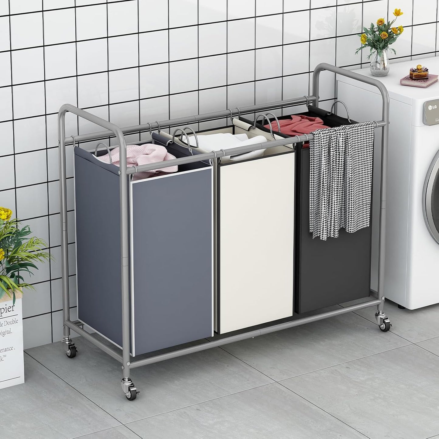 LINZINAR 3-Bag Laundry Basket Sorter Laundry Hamper Cart with Heavy Duty Rolling Lockable Wheels and Removable Bags (Assorted)