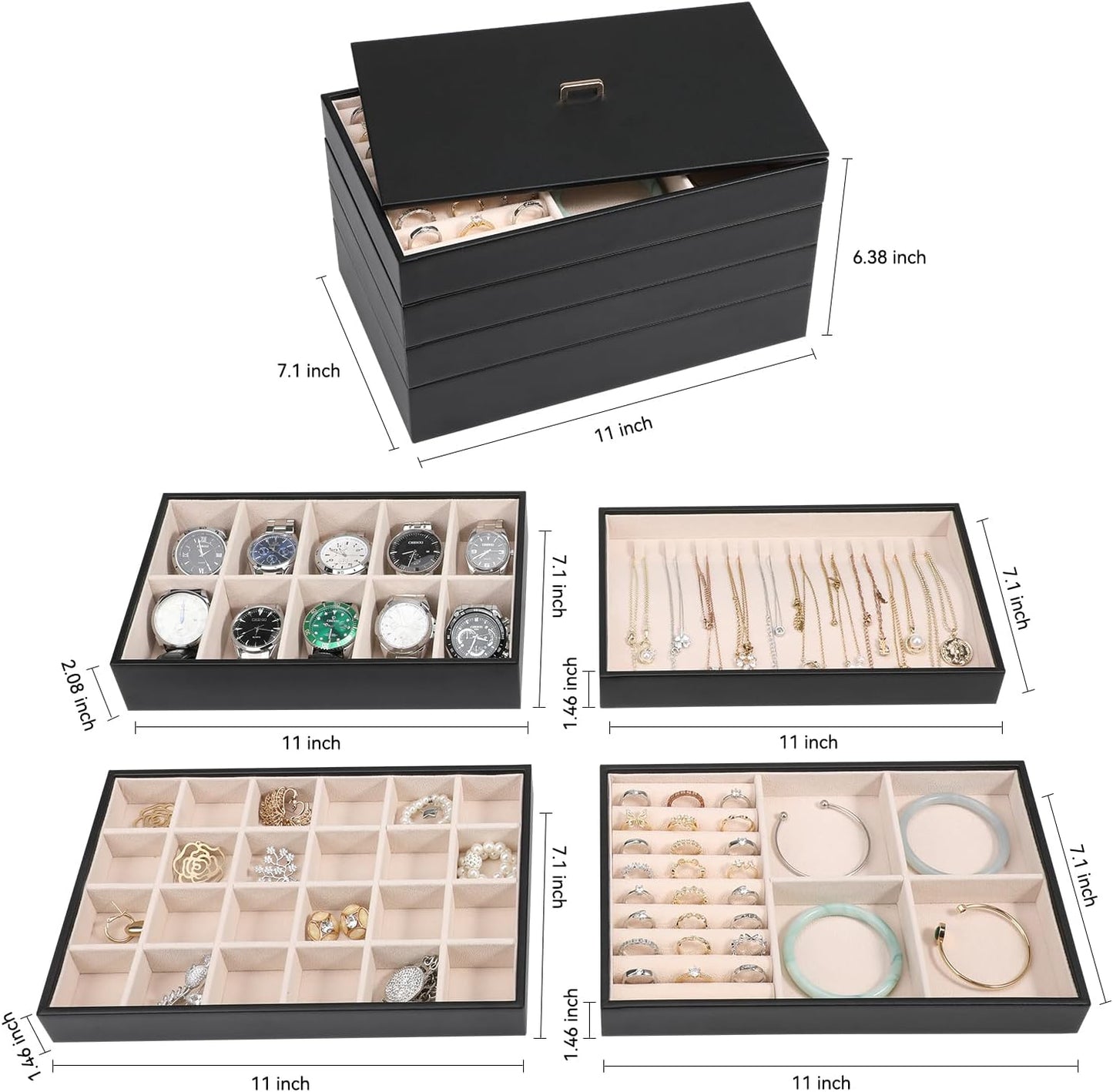 Voova Stackable Jewelry Organizer Tray with Lid, PU Leather Jewelry Storage Holder for Drawer Inserts, Jewellery Display Box Case for Earring Necklace Ring Watch Bracelet (Set of 4, Black)
