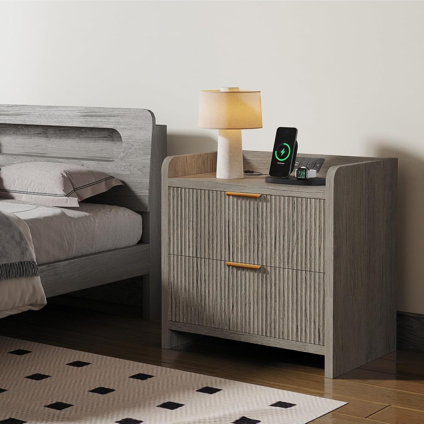 Fluted Nightstand Set of 2, 23.6" Modern Night Stand with Charging Station, Bedside Table with 2 Drawers, Modern Wood Night Stand Set 2 for Bedroom, Living Room, Grey