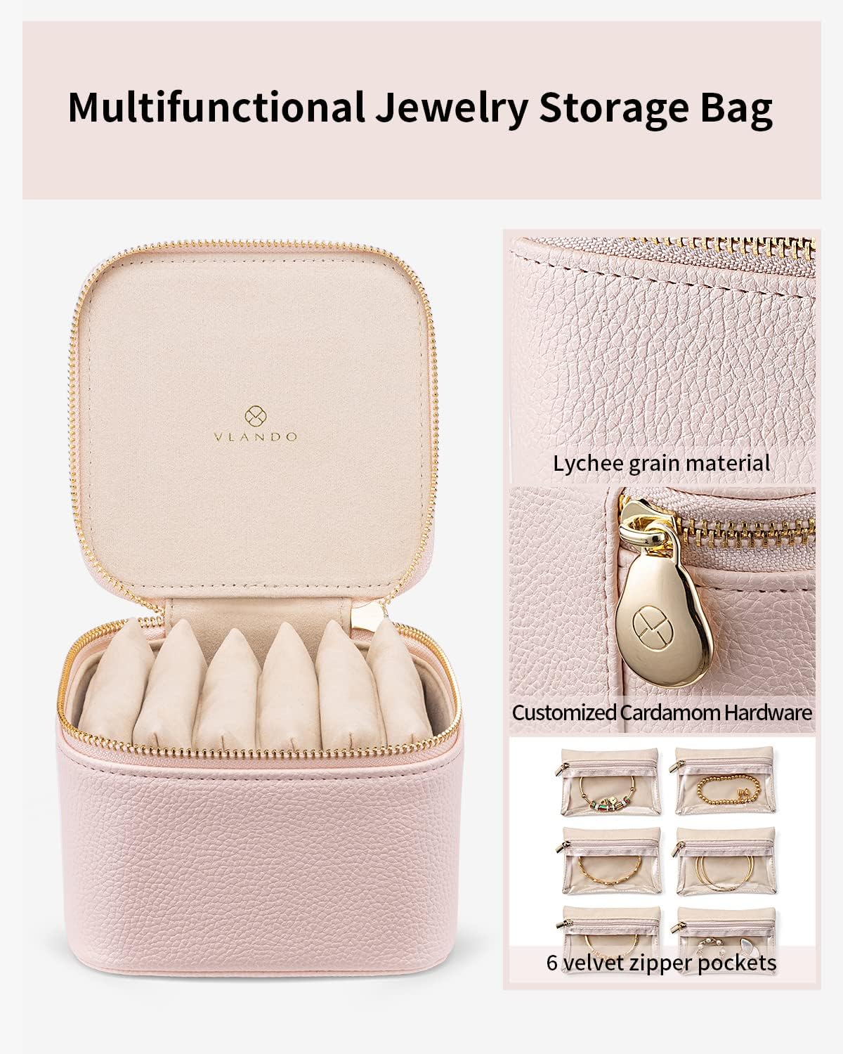 Vlando Gifts for Teachers,Jewelry Box with 6 Velvet Jewelry Bags Travel Jewelry Storage for Women Girl Jewelry Organizer Necklace Rings Earrings Bags Gifts for Women(Pink)