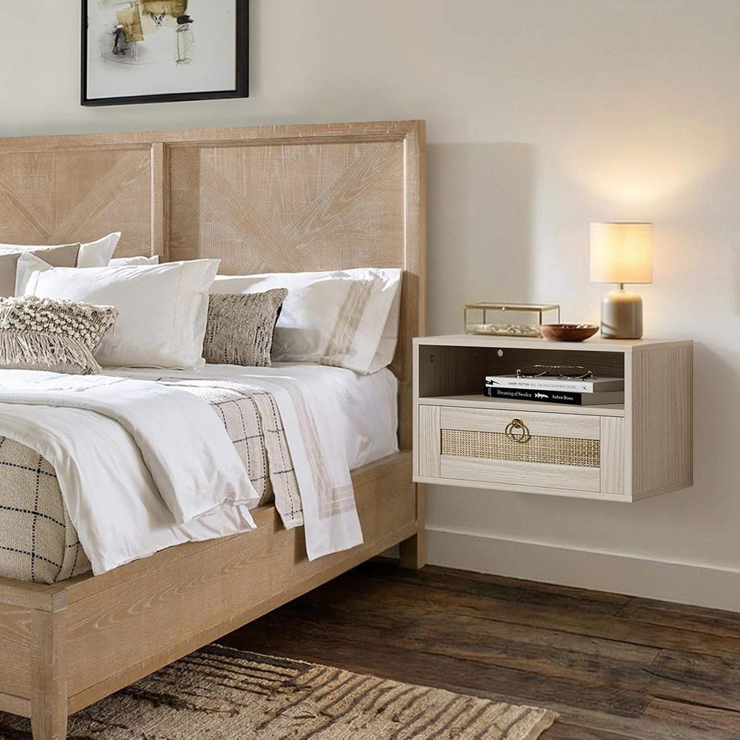 Floating Nightstand with Drawer for Wall Mounted Hanging Rattan Night Stand Bed Side Tables Wooden End Table Small Boho Dressers Farmhouse Shelves for Bedroom