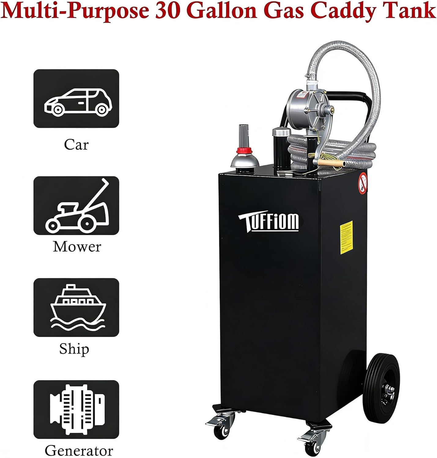 TUFFIOM 30 Gallon Portable Gas Caddy w/Swivel Wheels,Fuel Storage Tank, Gasoline Diesel Can with Fuel Transfer Rotary Hand Siphon Pump for Automobile ATV Car Mower Tractor Boat Motorcycle