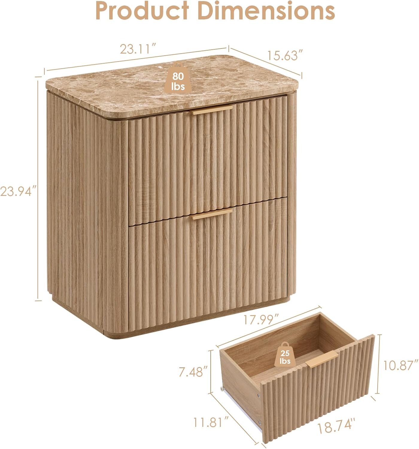 Fluted Nightstand Set of 2, Bedside Table with 2 Drawers, Engineered Wood End Table with Faux Marble-Top, Curved Corners, Metal Handle, Modern Night Stand for Bedroom, Small Spaces, Natural Oak