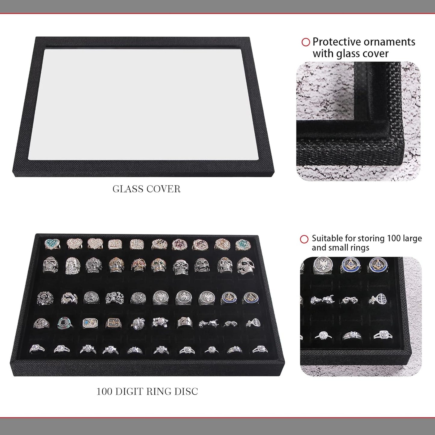 Julysky 4 Pcs/set Stackable Jewelry Organizer Trays with Glass Lid,100 Slots Ring Holder,Bracelet Displays Stand for Selling Necklace Earring Rack