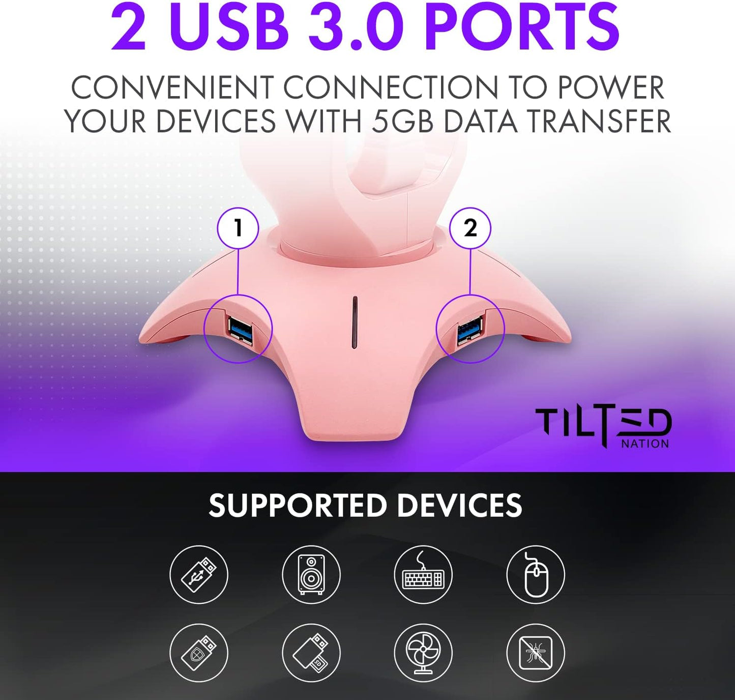 Tilted Nation Cute Headphone Stand Pink | Headset Stand with RGB, Mouse Bungee Holder, and 2 Port USB Hub Charger - Desk Gaming Accessories