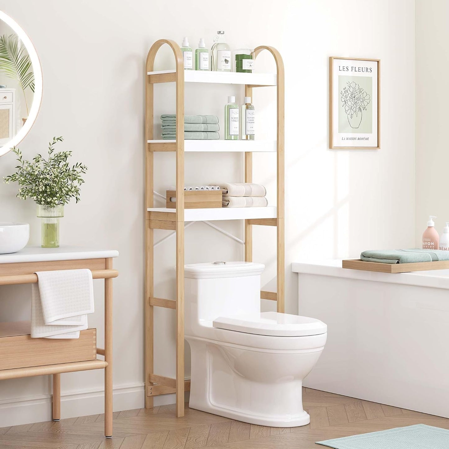 Spirich Over The Toilet Storage Shelf, 3-Tier Over Toilet Bathroom Organizer, Space-Saving Above Toilet Storage Shelf Rack with Bamboo Frame