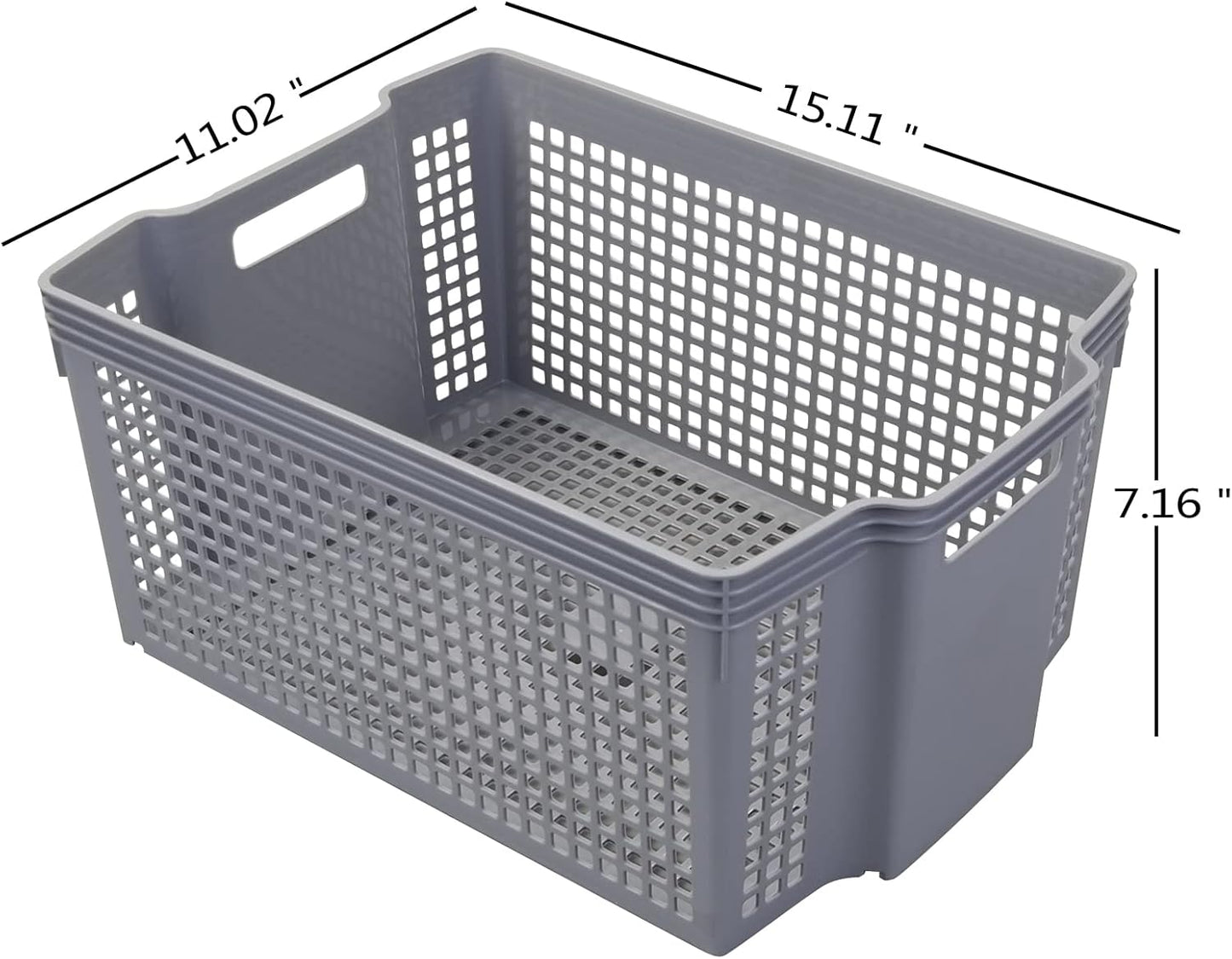Large Plastic Stacking Storage Baskets, Grey Stackable Storage Bin, 6-Pack