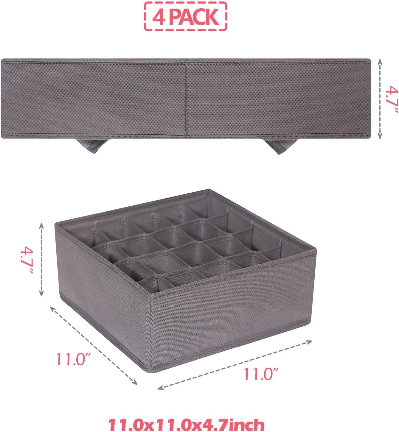 DIOMMELL 4 Pack Foldable Cloth Storage Box Closet Dresser Drawer Organizer Fabric Baskets Bins Containers Divider for Clothes Underwear Socks Lingerie Clothing, M Grey 40-0000