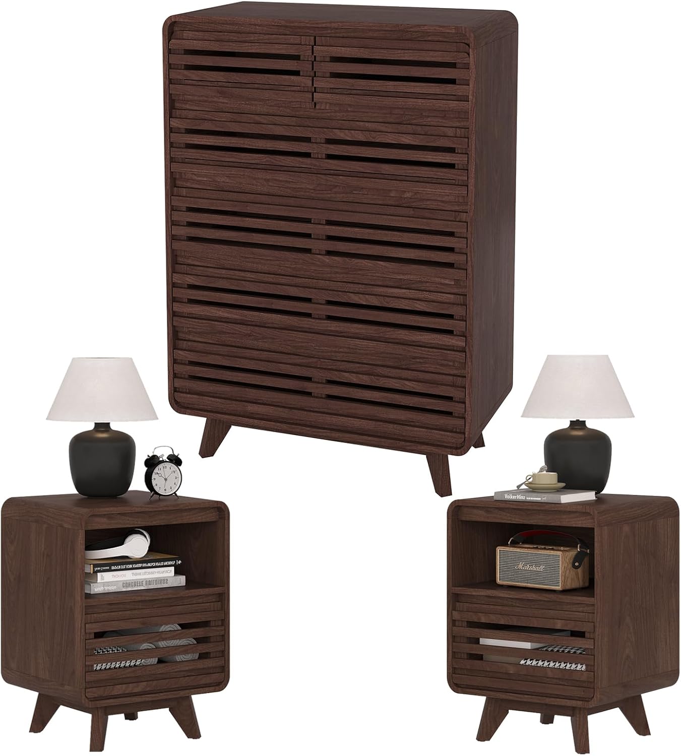 3 Piece Bedroom Set, Tall Dresser and Nightstand Sets for Bedroom, Fluted 6 Drawer Dresser and Nightstand Set of 2, Wood Chest of Drawers Storage Organizer Cabinet Set, Dark Walnut