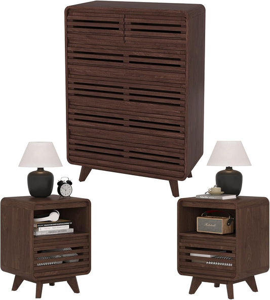 3 Piece Bedroom Set, Tall Dresser and Nightstand Sets for Bedroom, Fluted 6 Drawer Dresser and Nightstand Set of 2, Wood Chest of Drawers Storage Organizer Cabinet Set, Dark Walnut
