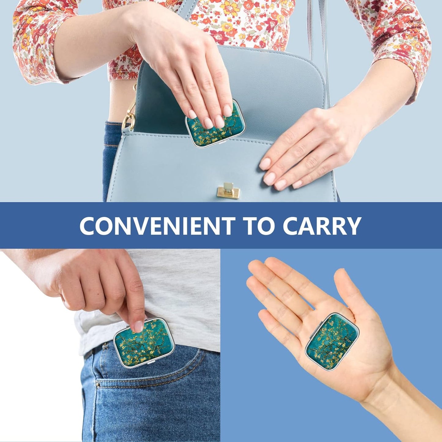 Pill Box 2 Compartment Medicine Pill Case,Portable for Pocket or Purse Pill Box Decorative Metal Medicine Vitamin Organizer Unique Gift（4PCS）