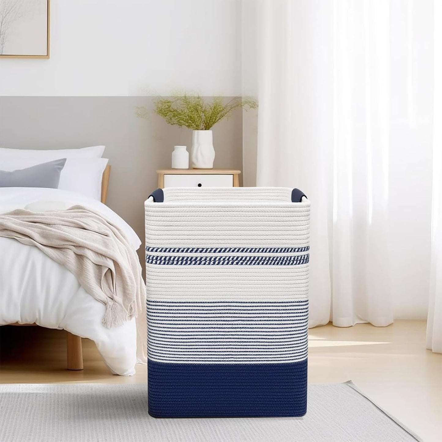 DOFASAYI Laundry Basket - 85L Large Woven Baskets for Storage - Cotton Rope Laundry Hamper, Decorative Storage Basket for Blankets, Clothes Hamper for Living Room, Bedroom, Dark Blue & White