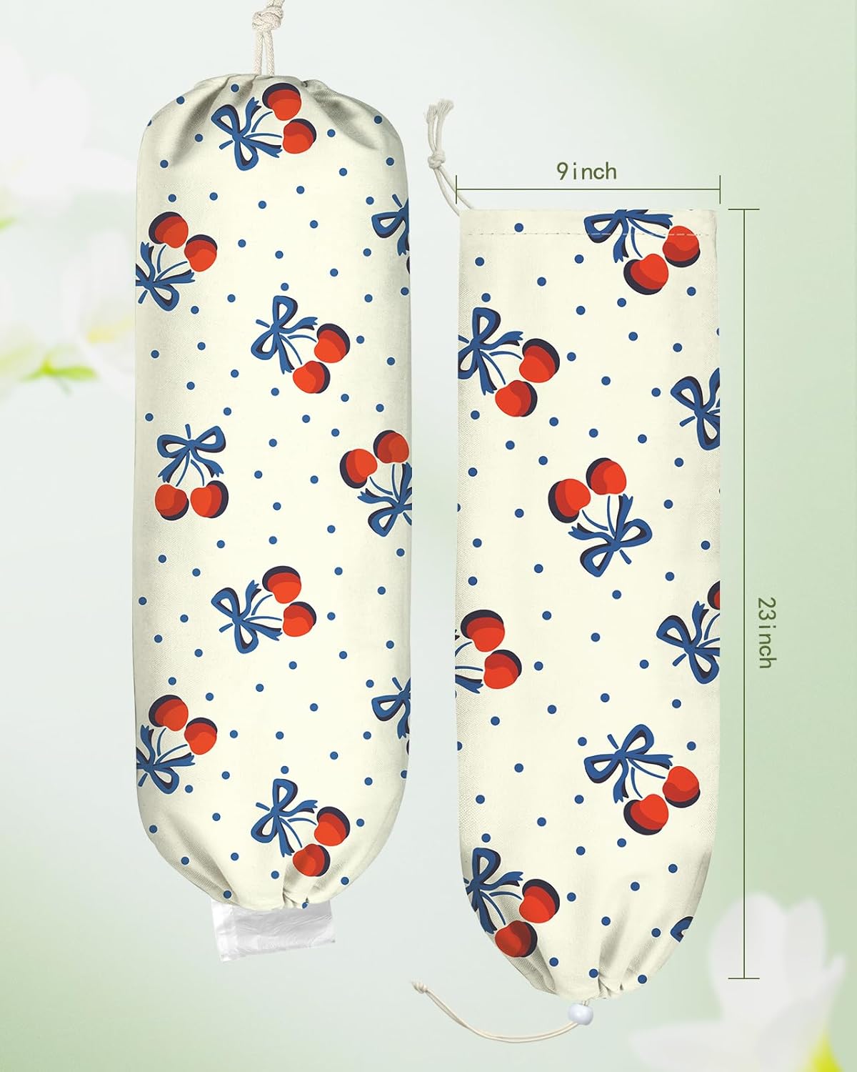 Plastic Bag Holder, Grocery Bag Organizer - 1 Pack Cute Kitchen Dispenser Holders Reusable Shopping Western Hanging Wall with Adjustment Drawstring Closure for Women Home, Cherry