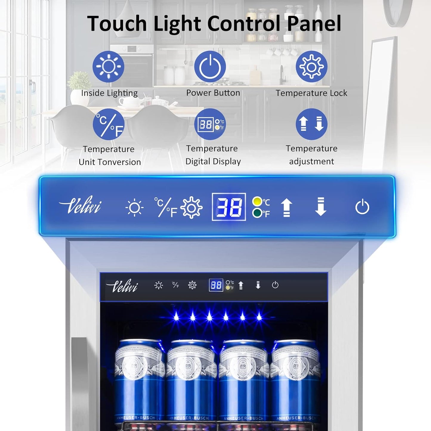 15 Inch Beverage Refrigerator and Cooler - 125Cans Capacity Mini Beer Drink Fridge with Glass Door and Lock Under Counter Built-in or Freestanding - for Soda, Beer, Wine - for Home Bar Kitchen