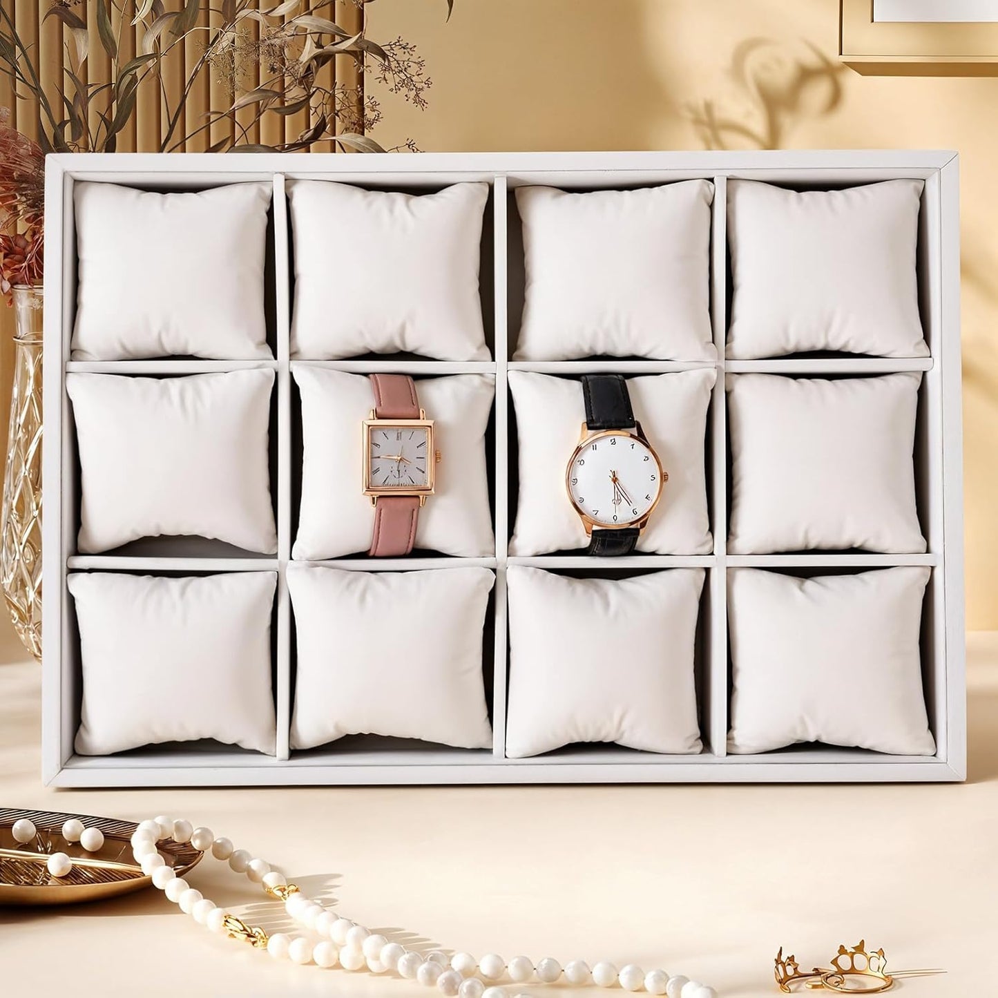 2 Pcs Velvet Watch Tray, 12 Grid Jewelry Organizer Stackable Tray Watch Bracelet Bangle Display Holder with Adjustable Pillows for Woman Man (Beige)