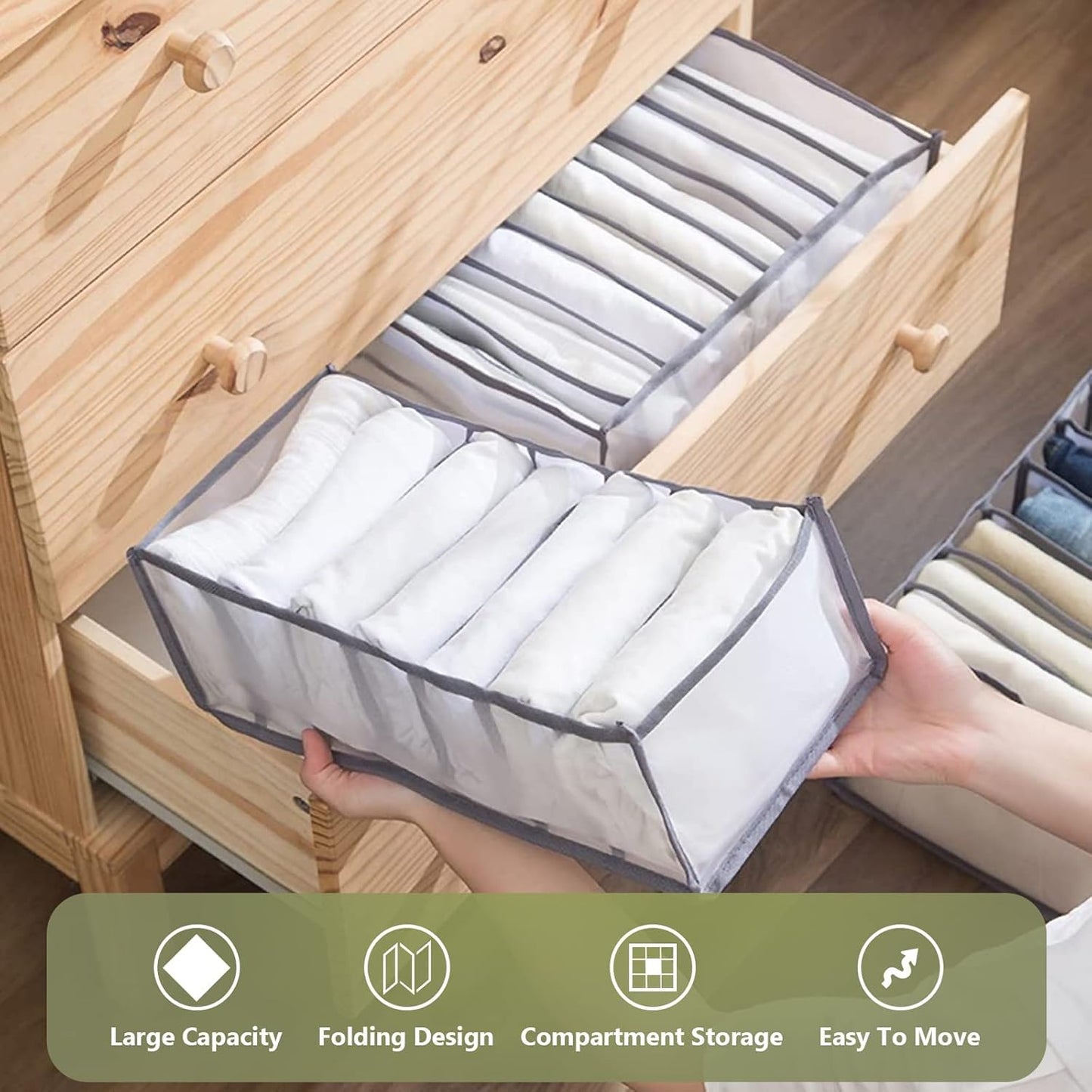 TOOVREN Upgraded Wardrobe Clothes Organizer 2PCS, Drawer Dividers for Clothes, Drawer Organizers for Clothing, Mesh Wardrobe Organizer for Jeans Pants Sweaters T-Shirts Underwear (Gray, Large 9 Grids)