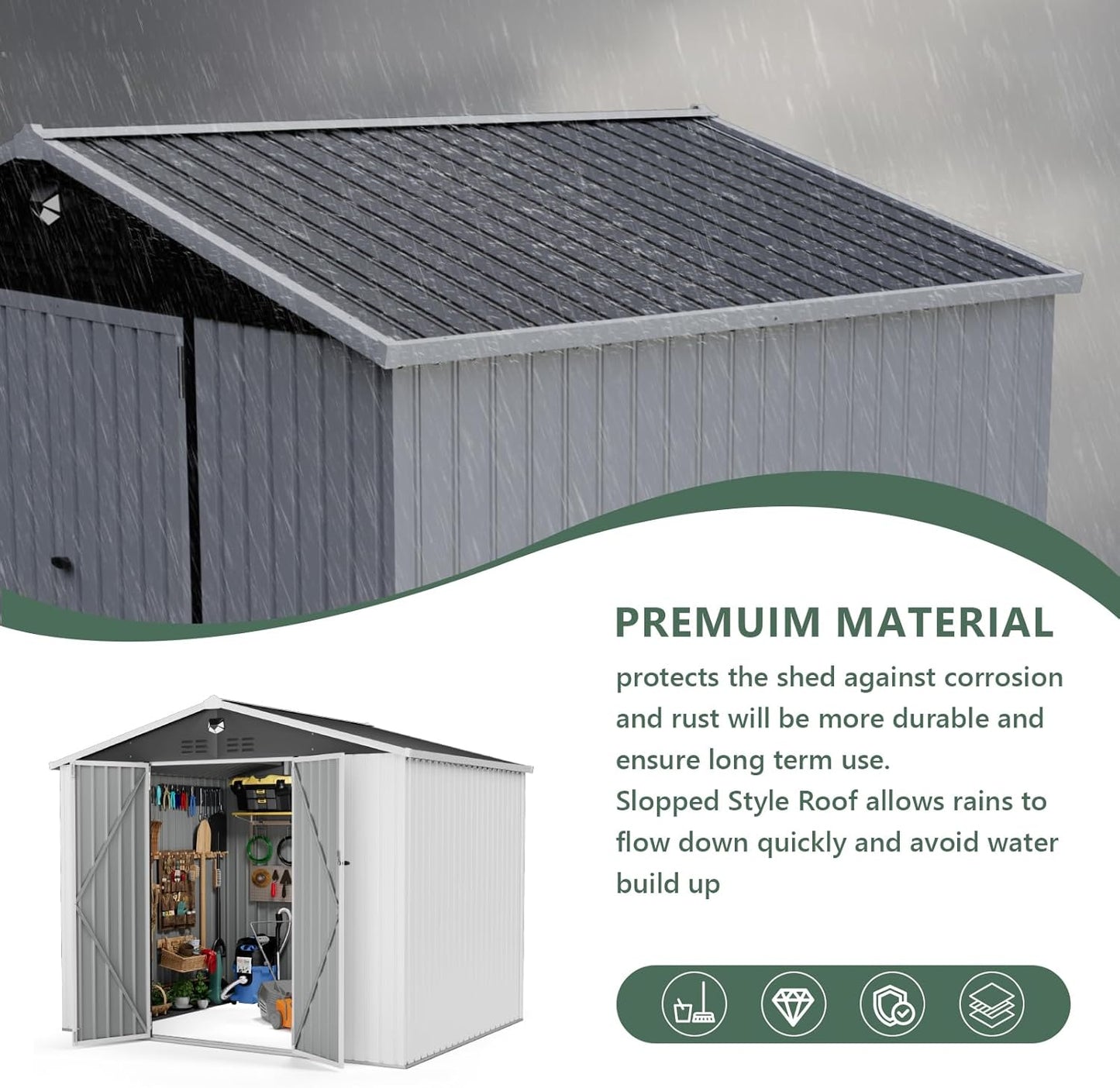 Metal Storage Shed,10x8 Outdoor Storage Building,Large Backyard Sheds with Lockable Doors,Waterproof Outside Storage Sheds，White