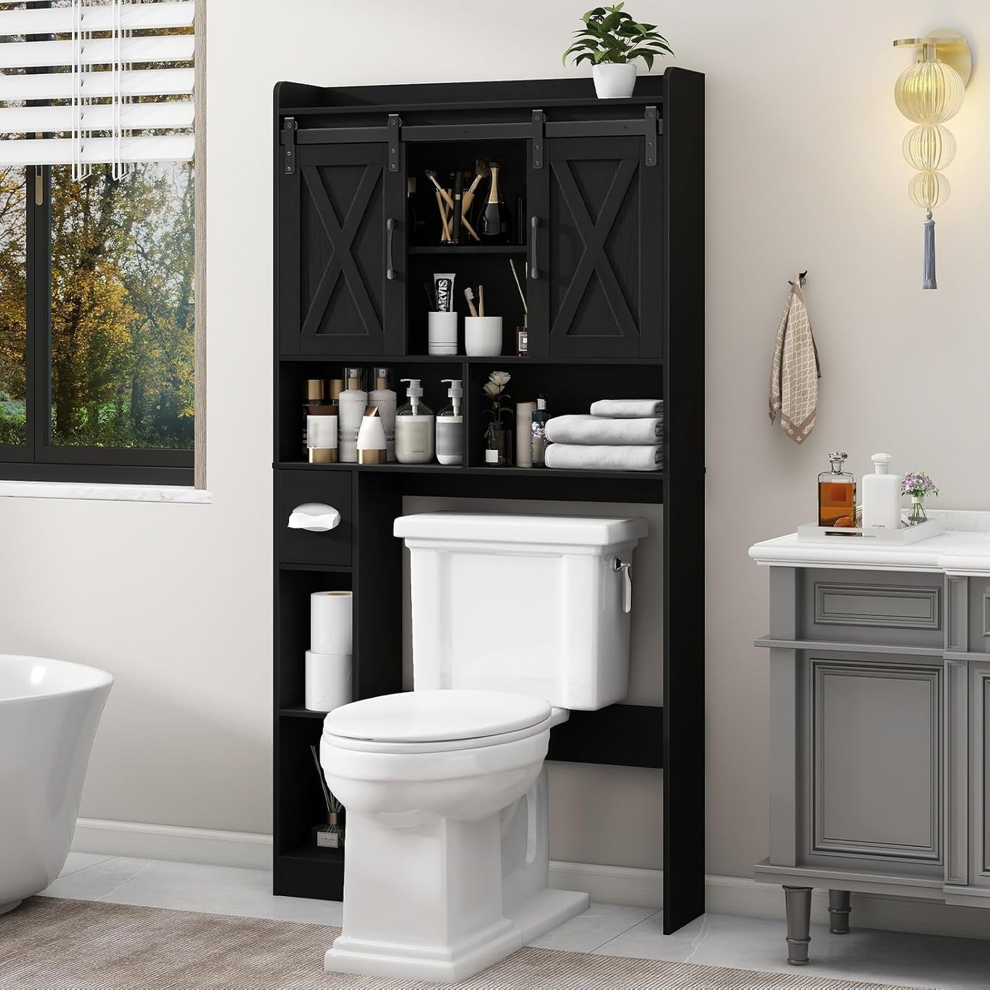 Vabches Over The Toilet Storage Cabinet, Farmhouse Storage Cabinet Over Toilet with Sliding Doors & Toilet Paper Holder Stand，Home Space-Saving Toilet Rack, for Bathroom, Laundry and Restroom.Black