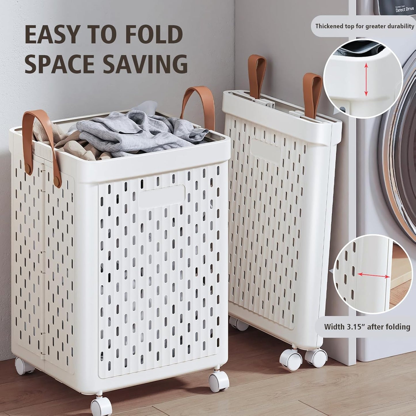 UAK Laundry Basket with Wheels, Collapsible Plastic Laundry Hamper with Handle, Foldable Laundry Basket Organizer for Laundry and Bathroom (‌Pure white, XXL)