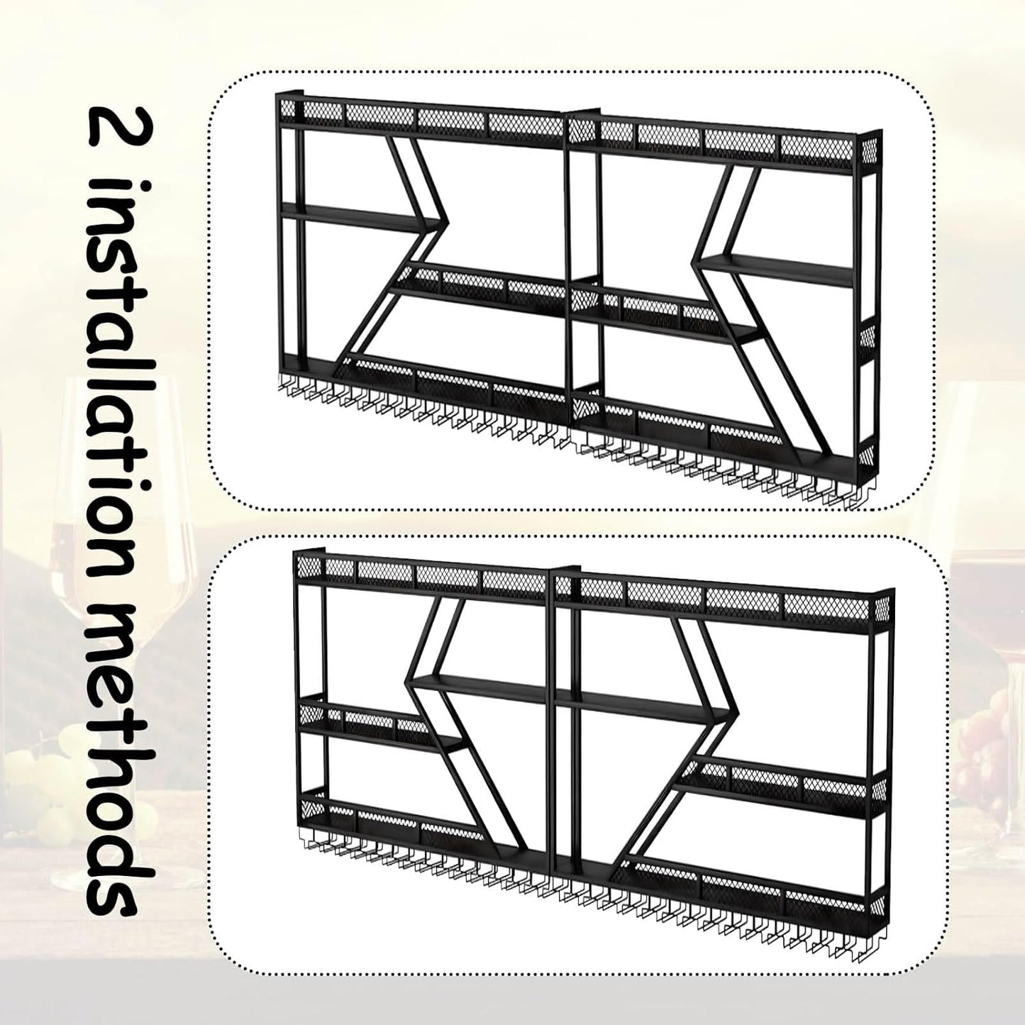 79in Large Wall Mounted Wine Rack 4 Tier Metal Wine Bottle Holder Modern Diamond Design Floating Bar Liquor Bottles Storage Rack for Home Restaurant Bar Decorative (Black, 4 Tier - 79in)