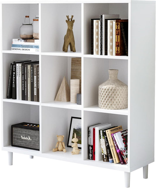 Wood Cube Storage Organizer White Bookshelf - 3-Tier Freestanding Storage Cabinet with Legs for Home Office, 9-Cubes Open Shelf
