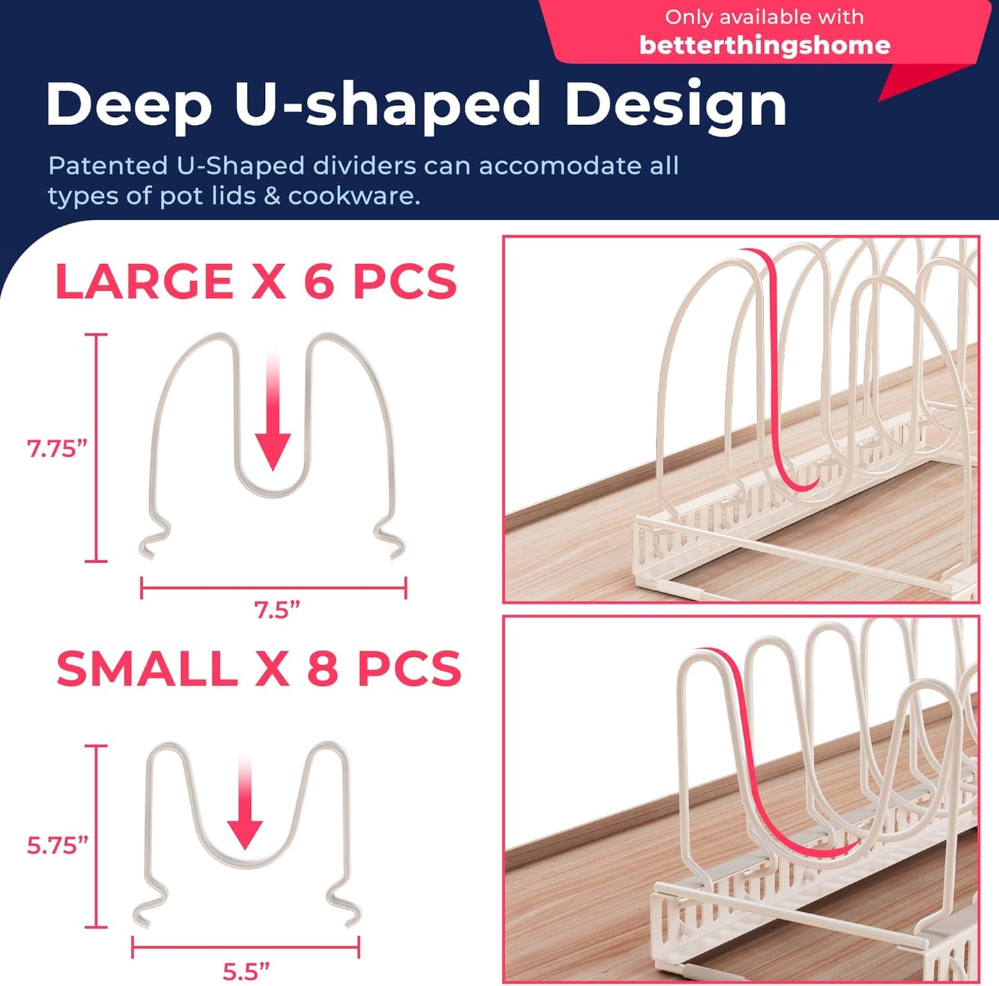 Better Things Home 14+ Dual Pan and Pot Lid Organizer Rack Set for Cabinet - Includes 1 Large Rack & 1 Compact Rack for Bakeware, Lids & Pans (White Sand, PAN + LID SET)