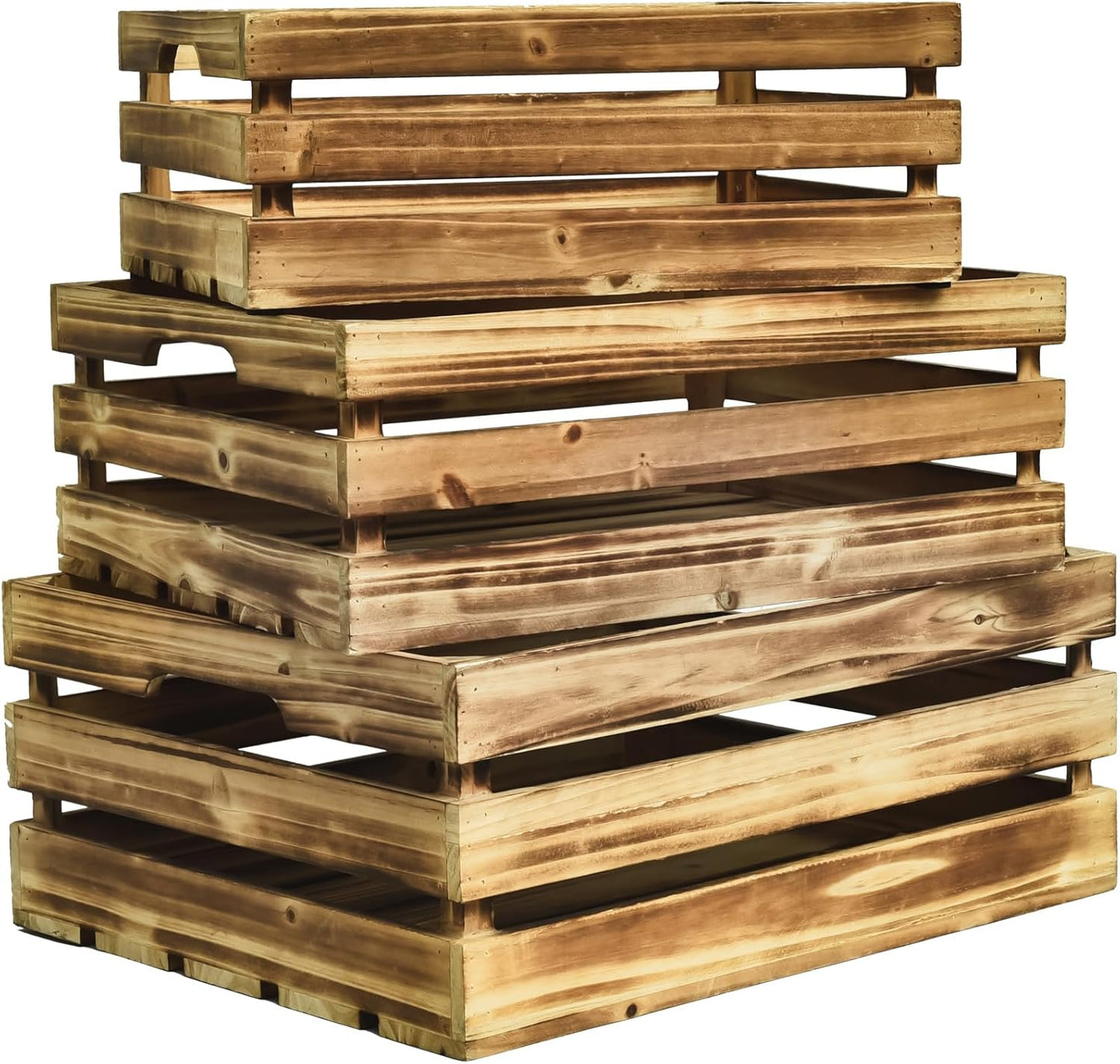 Wooden Crates Set of 3 - Large Rustic Wood Nesting Crates for Decoration, Display, Storage Boxes brown wooden crates farmers market deco wooden crates (Brown)