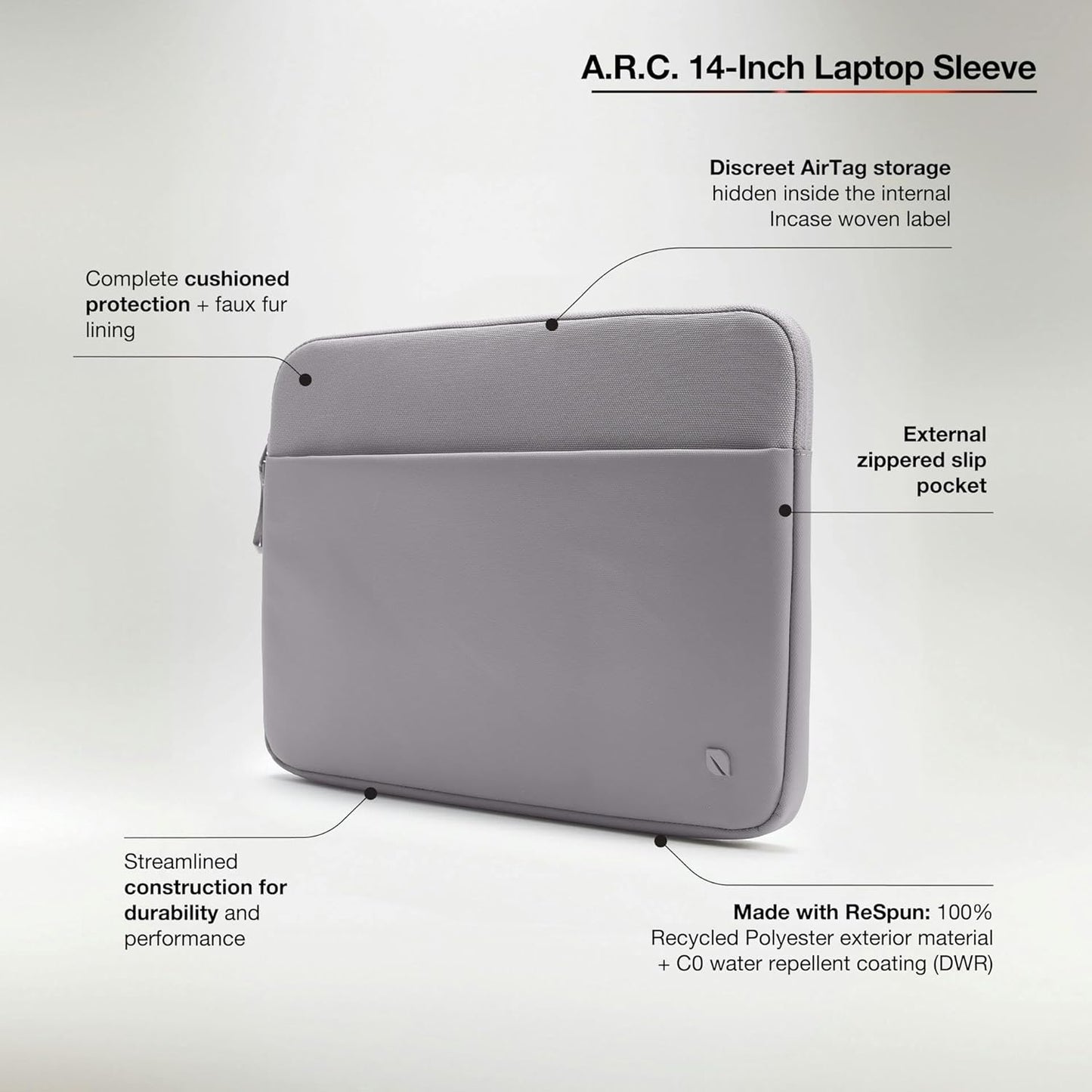 Incase A.R.C. Laptop Sleeve 14 Inch – MacBook Case with Faux Fur Lining, External Pocket – Fits MacBook Pro Air Lenovo Dell HP – Laptop Cover, Computer Case - Travel, Work, College - Grey