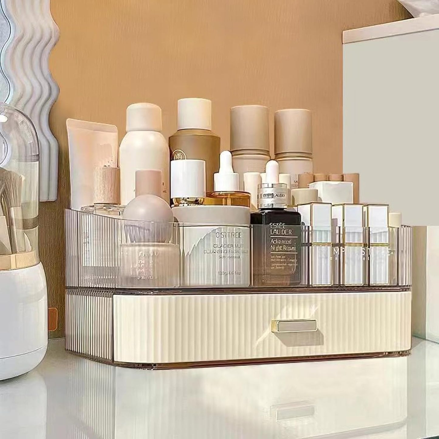 MIUOPUR Makeup Organizer with Stackable Drawers, Bathroom Vanity Organizers and Storage, Ideal for Desk and Dresser Countertops, Great for Cosmetics, skincare, Lipsticks, Nail Care -Cream