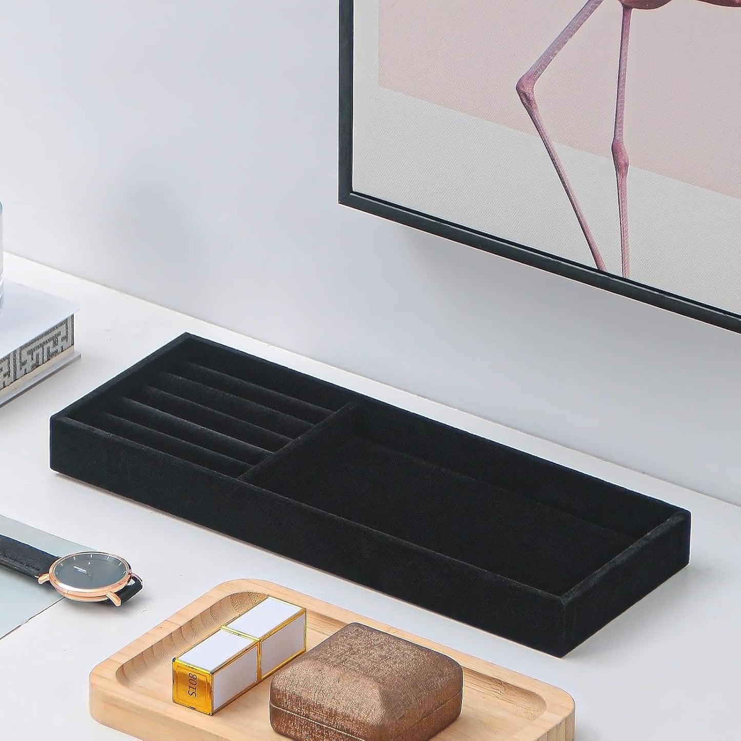 2Pcs Desk Drawer Storage Tray, Nightstand Organizer Tray, Necklace Bracelet Ring Earring Jewelry Display Tray, Grid Table Organizer Holder Tray for Sunglass, Phone, Watch, Perfume (2 grid)/Black