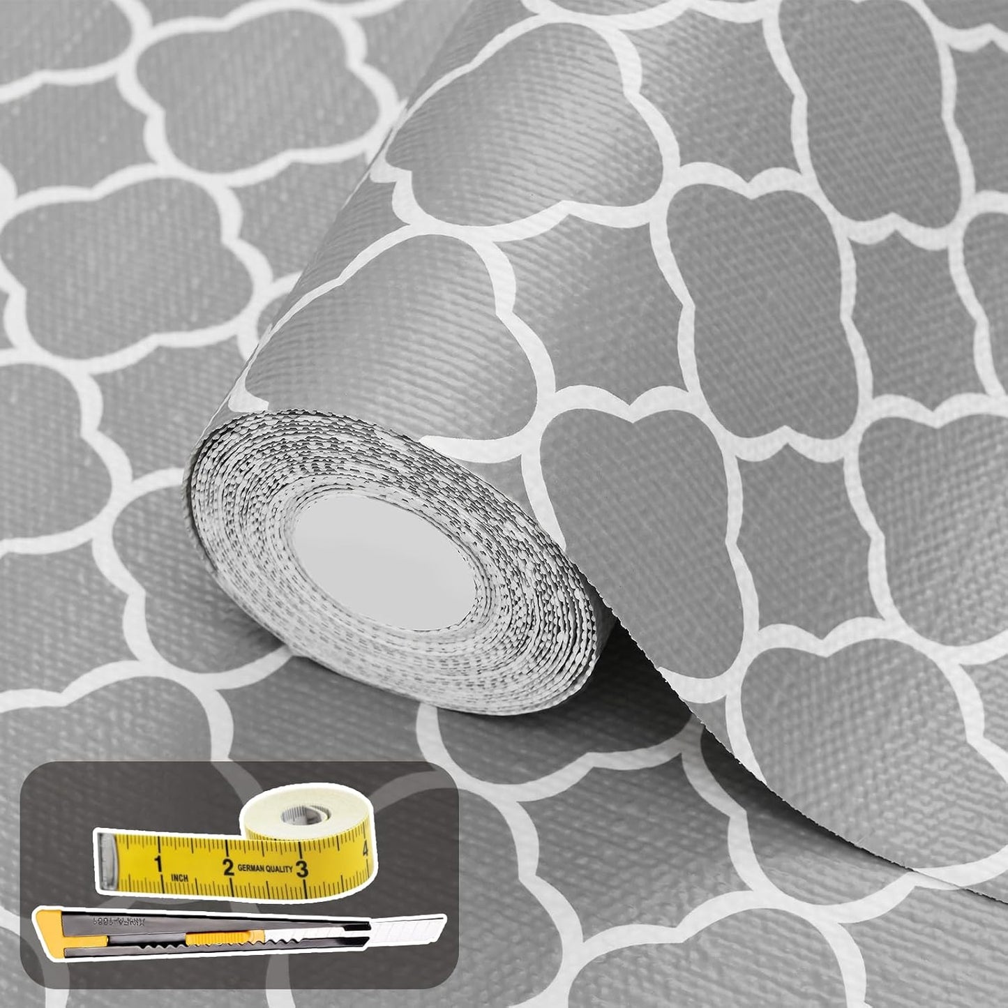 Shelf Liners for Kitchen Cabinets 17.3in x 30FT Non Adhesive Drawer Liner Gray Quatrefoil Thickened Shelf Liner Strong Non-Slip Easy to Clean for Tool Box Refrigerator with Knife and Tape Measure
