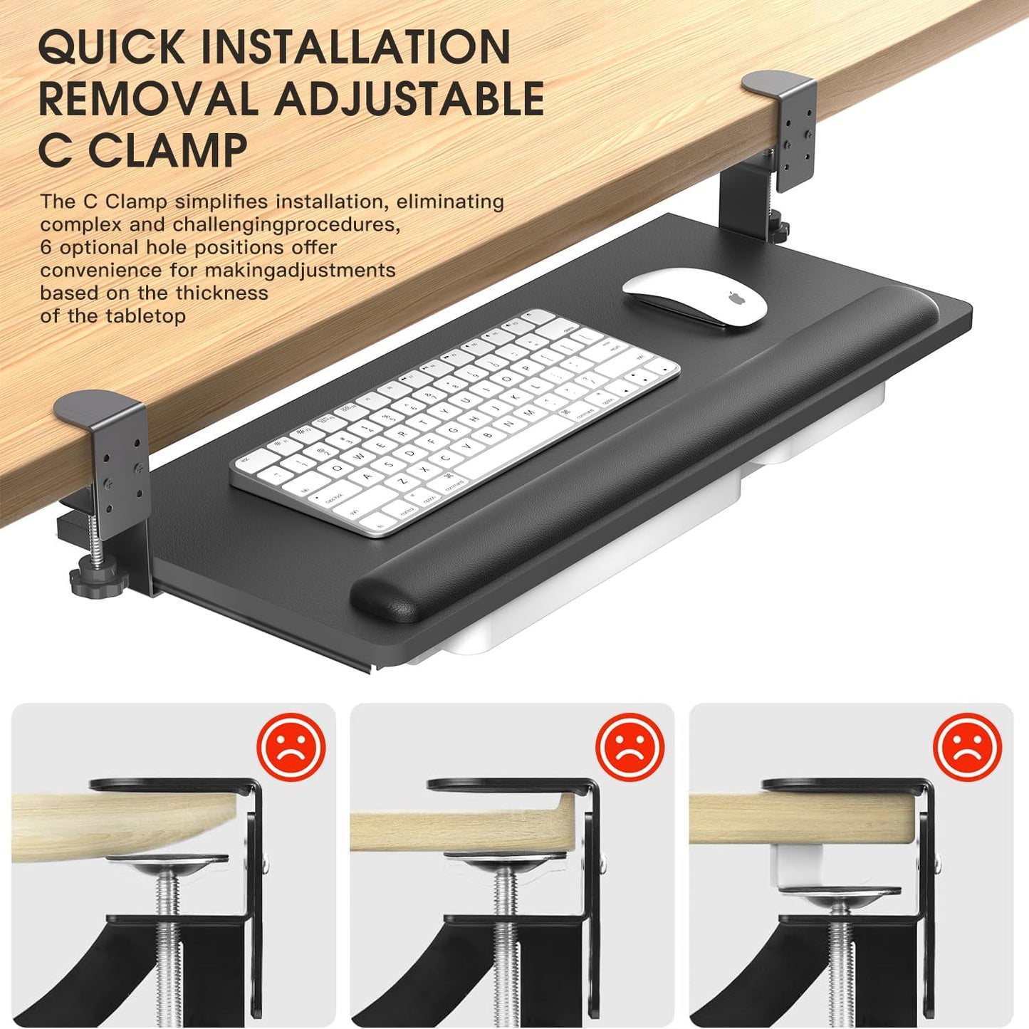 Keyboard Tray Under Desk with a Soft Wrist Rest，Under Desk Keyboard Tray Slide Out with 2 Storage Drawers，C Clamp-on Mount Ergonomic Keyboard Tray for Home and Office，26.5"x11.6"