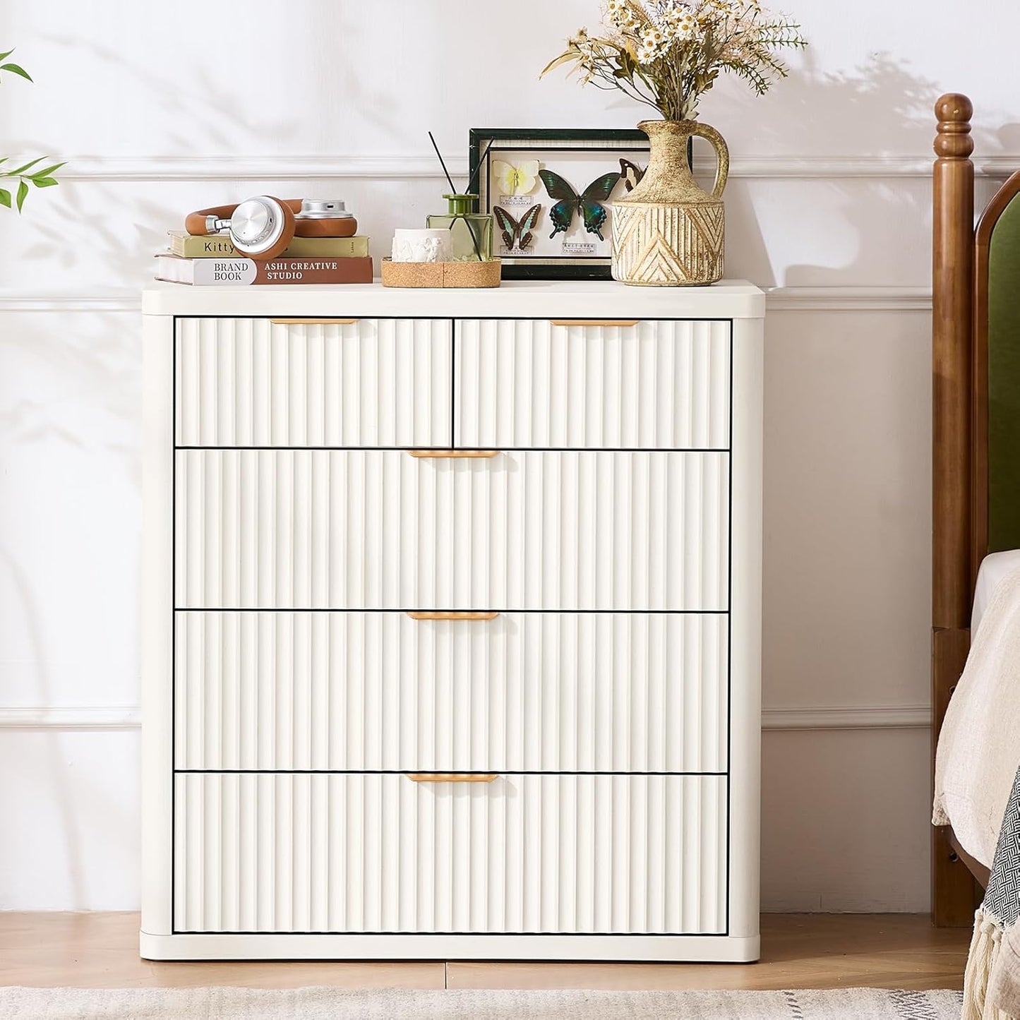LEYAOYAO Fluted 5 Drawers Dresser for Bedroom Set of 2, 34" Tall Modern Chest of Drawers with Metal Handle, Curved Profile Design,White Wood Drawer Organizer for Bedroom, Living Room, Hallway